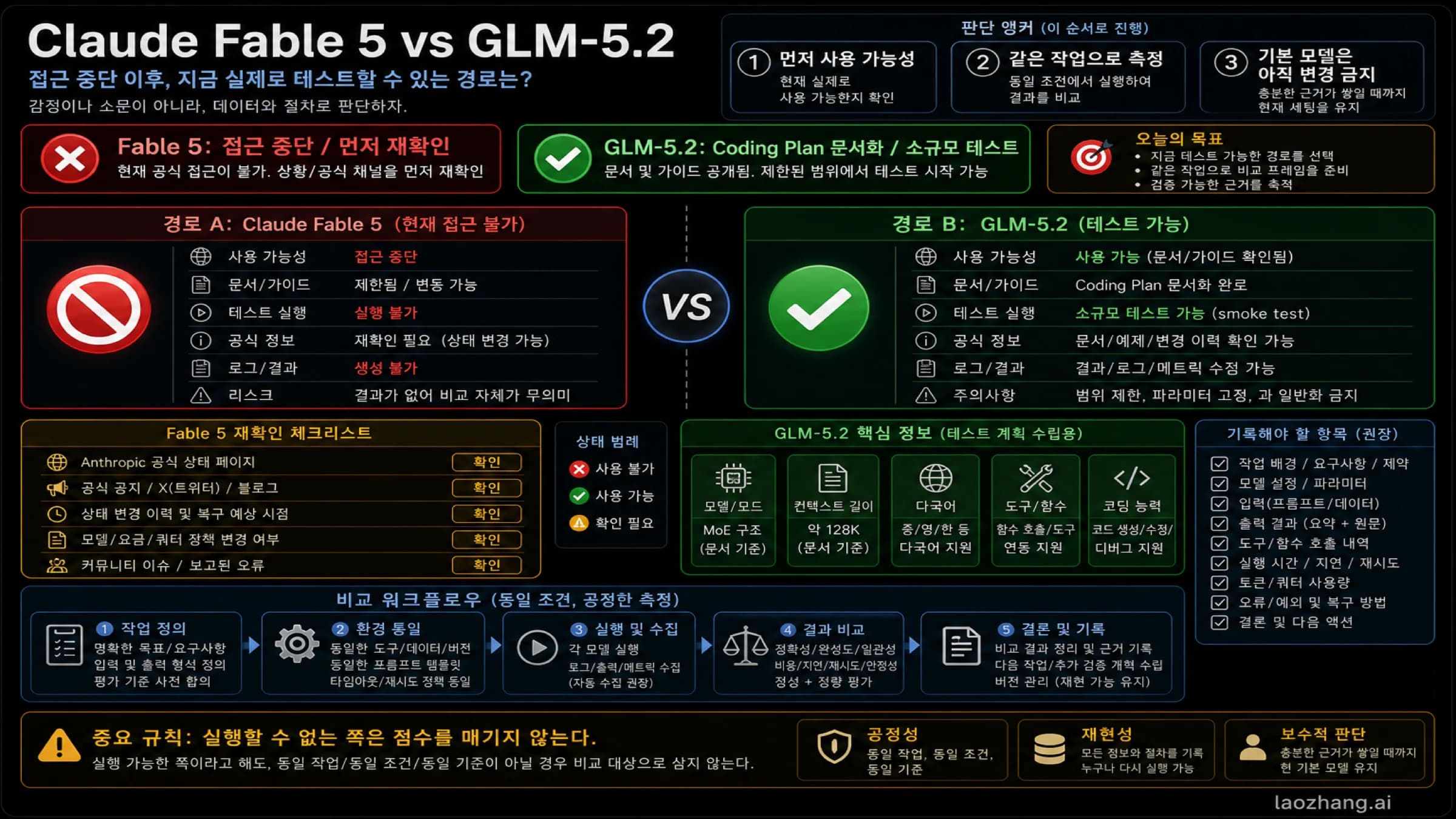Claude Fable 5와 GLM-5.2의 사용 가능성 우선 경로 판단 보드.