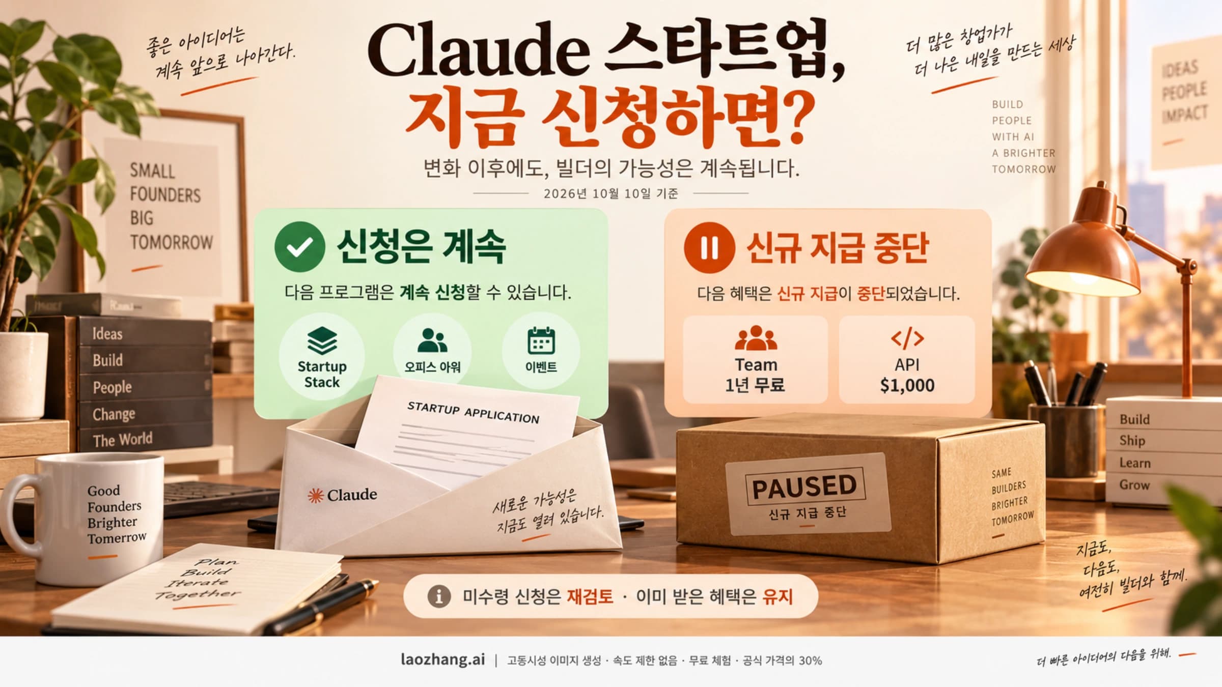 Claude 스타트업 신청은 계속되지만 Team 1년 무료와 API 1,000달러의 신규 지급은 중단되고 미수령 신청은 재검토된다는 현재 상태 표지