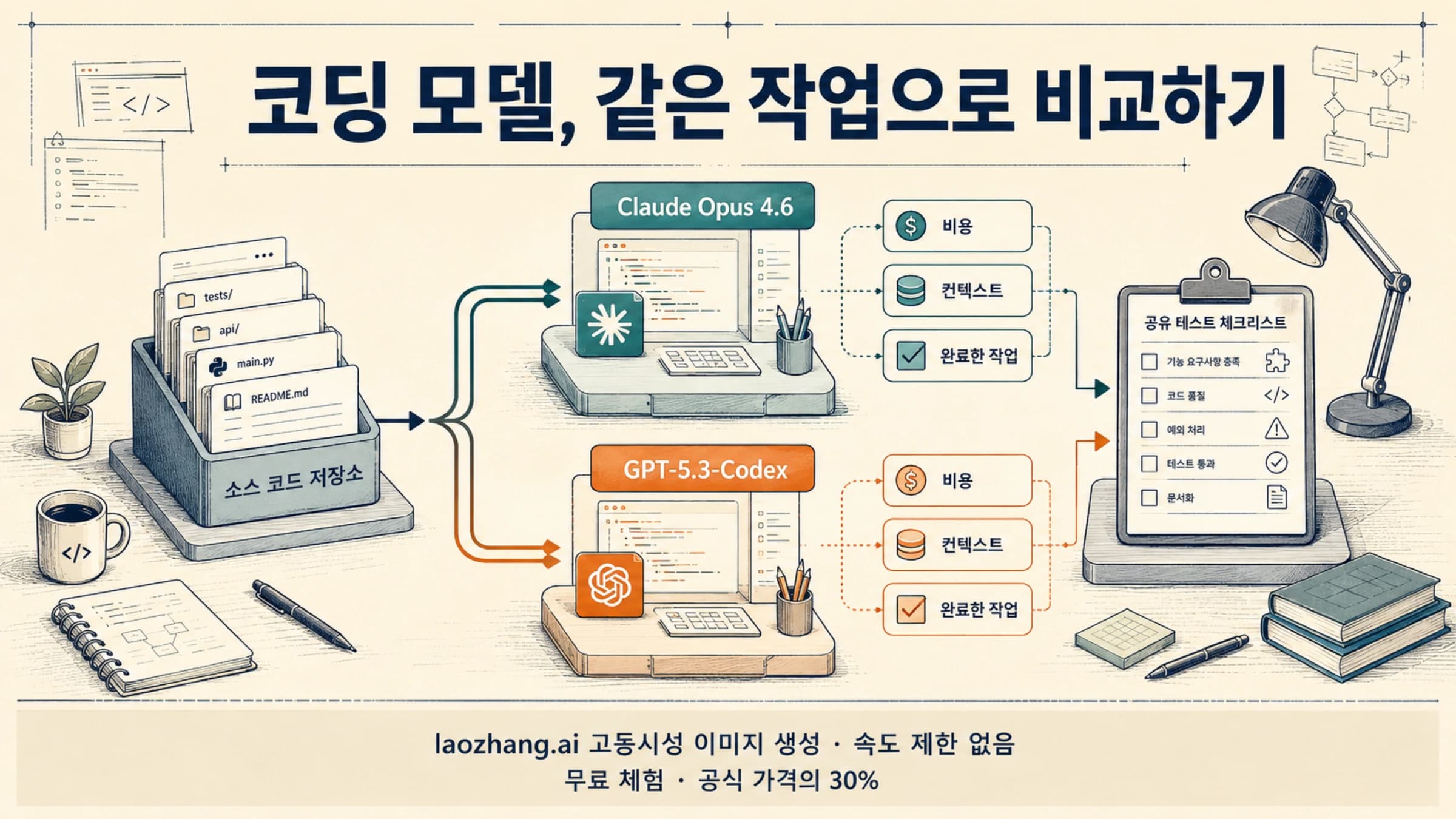 같은 소스 코드로 Claude Opus 4.6과 GPT-5.3-Codex의 비용, 컨텍스트와 작업 완료 여부를 비교하는 그림