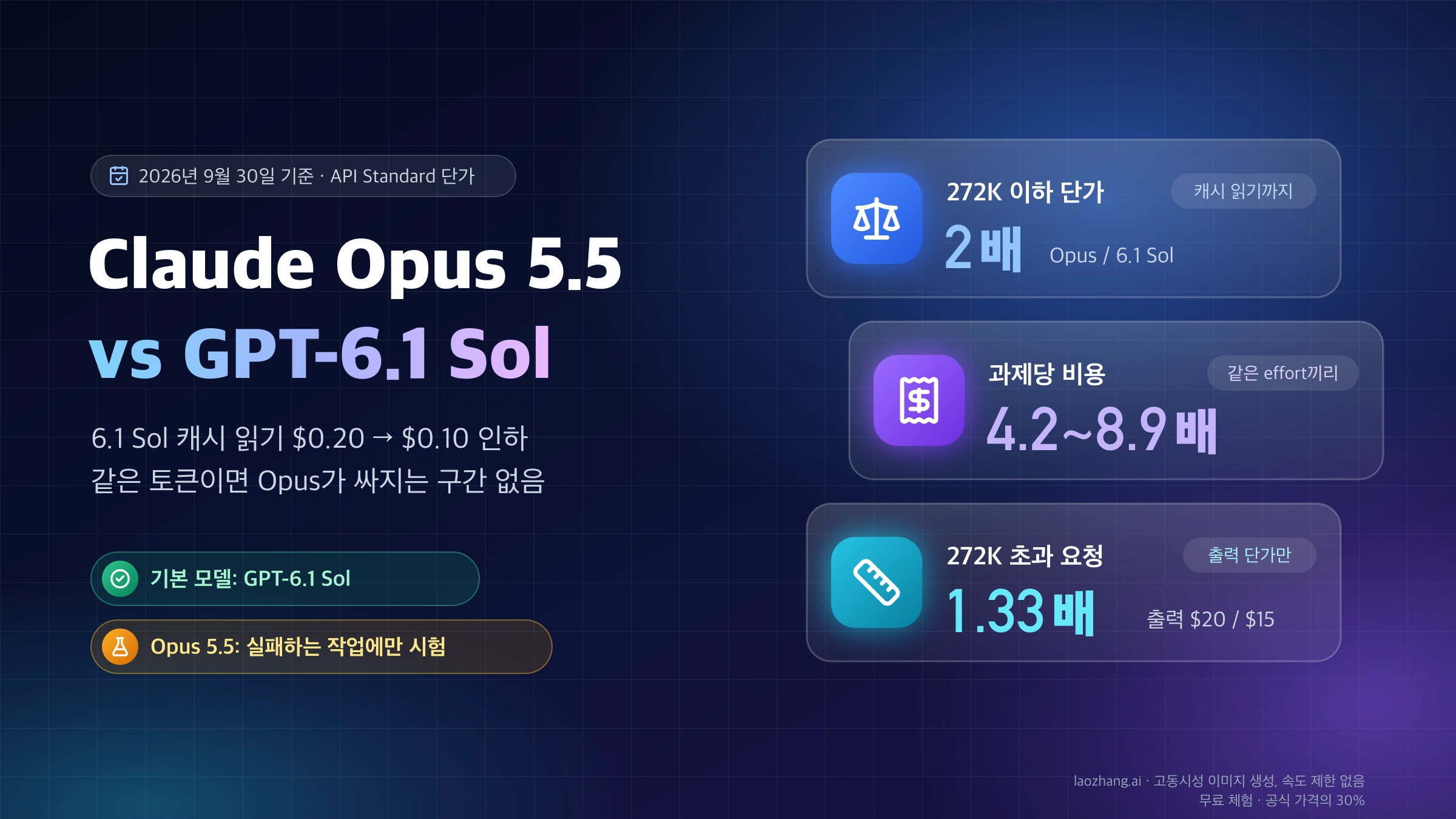 Claude Opus 5.5 vs GPT-6.1 Sol 표지: 272K 이하 단가 2배, 같은 effort 과제당 비용 4.2~8.9배, 272K 초과 요청은 출력 단가 1.33배, 기본 모델은 GPT-6.1 Sol