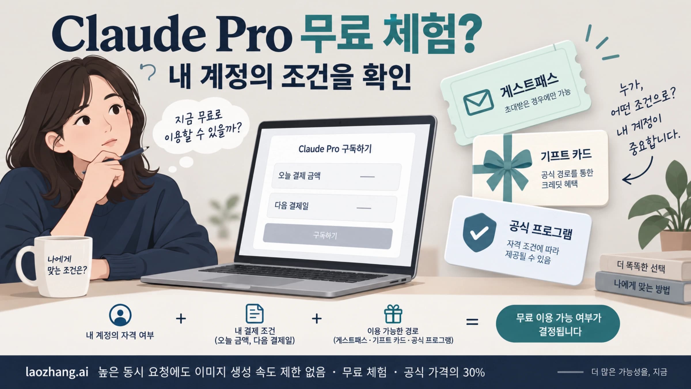 게스트패스 7일 티켓과 선물 구독 카드 옆에 오늘 결제 금액과 다음 결제일을 띄운 노트북 결제 화면이 놓인 Claude Pro 무료 체험 표지