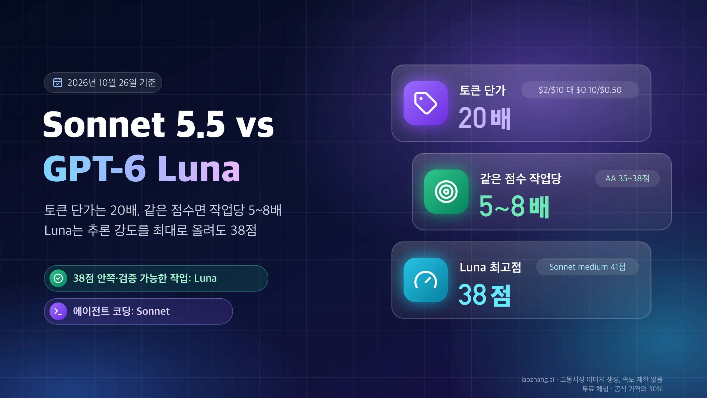 Sonnet 5.5와 GPT-6 Luna의 토큰 단가 20배, 같은 점수 기준 작업당 5~8배 차이와 Luna 최고점 38점을 정리한 표지