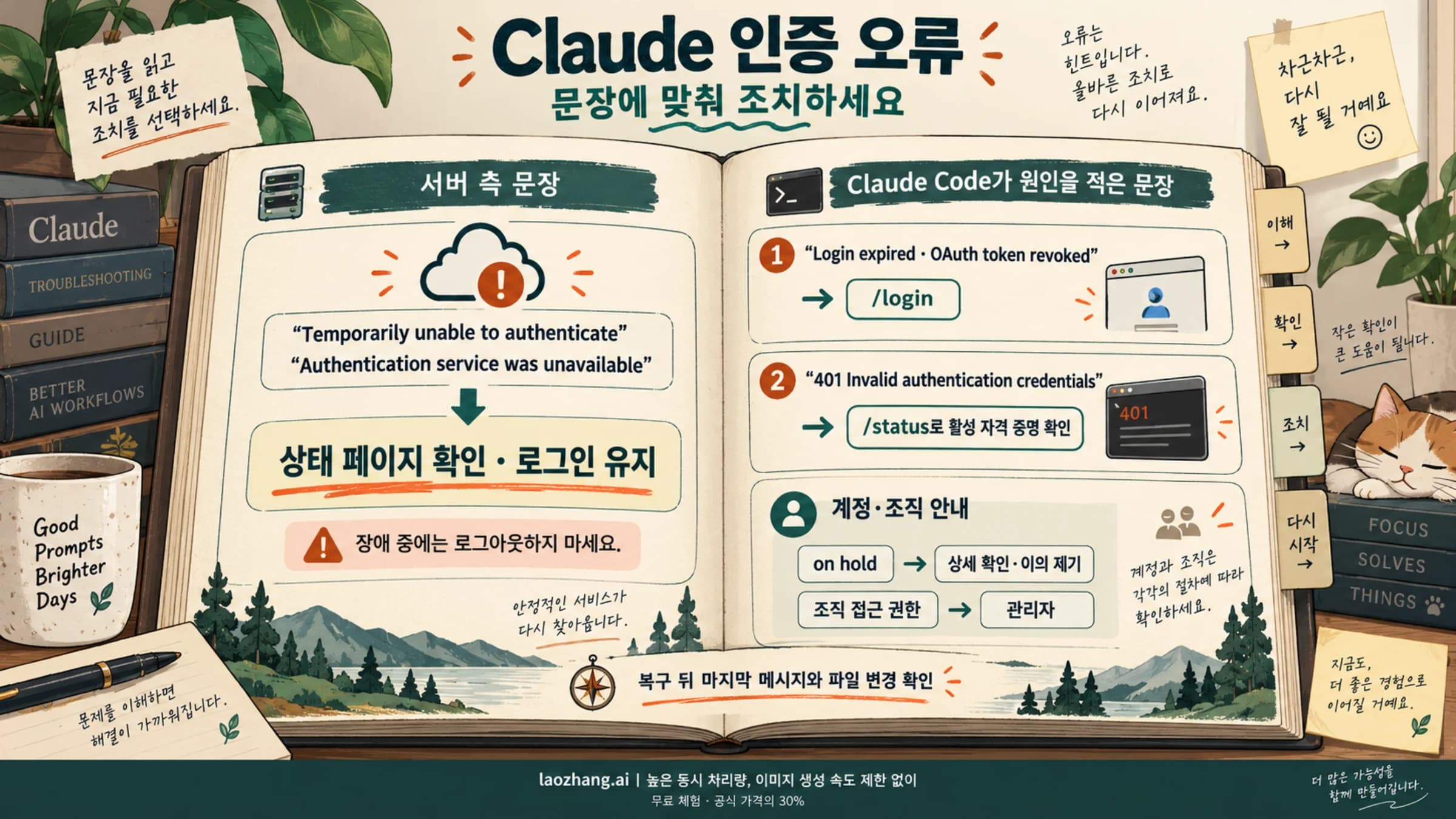 Claude 인증 오류 문장별로 서버 장애는 로그인 유지, Login expired와 OAuth token revoked는 /login, 401은 /status 확인, 계정·조직 안내는 이의 제기 또는 관리자로 나누는 개념도