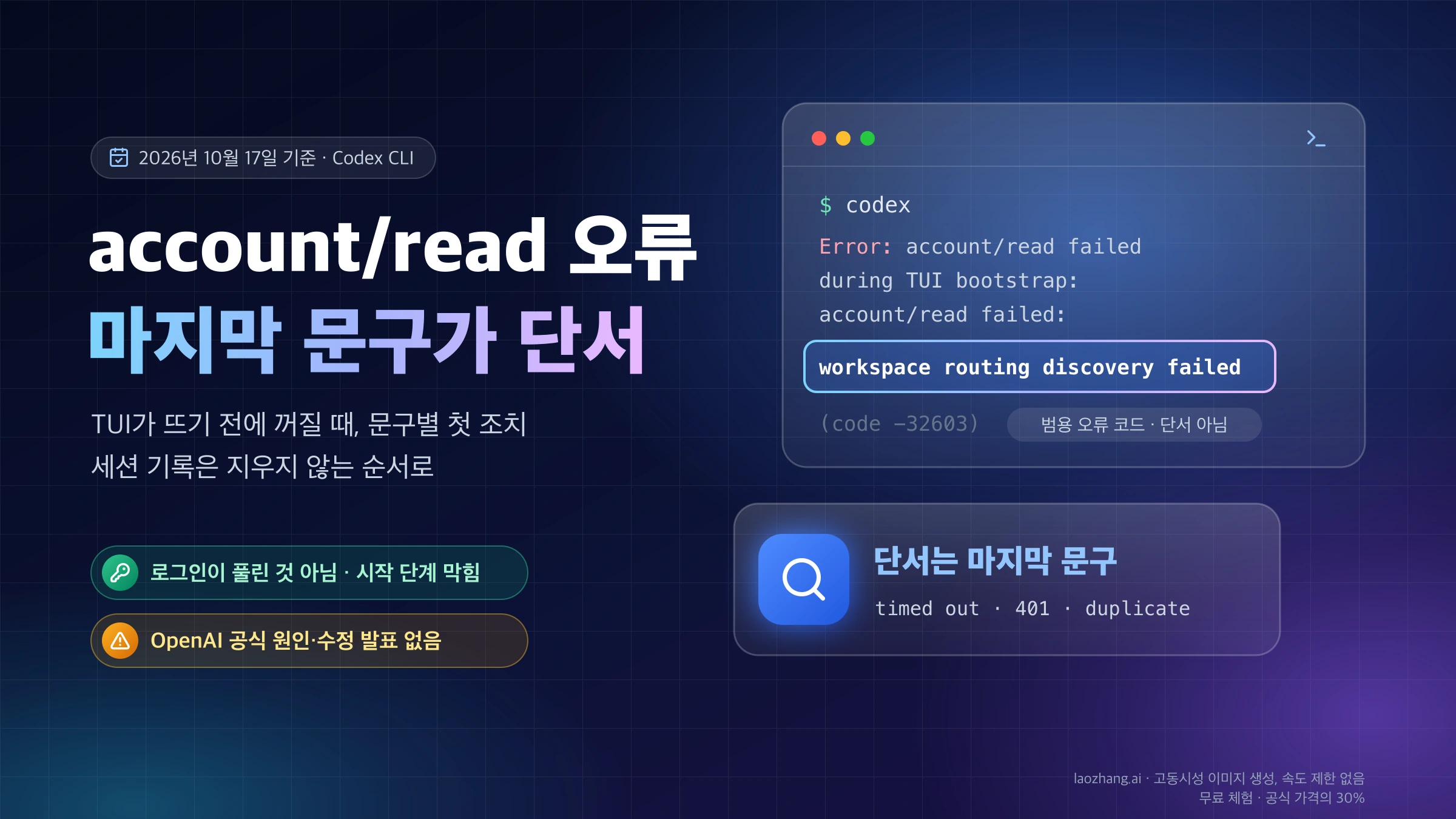 codex 실행이 account/read failed during TUI bootstrap 한 줄로 끝난 터미널에서 마지막 문구 workspace routing discovery failed를 단서로 강조한 표지
