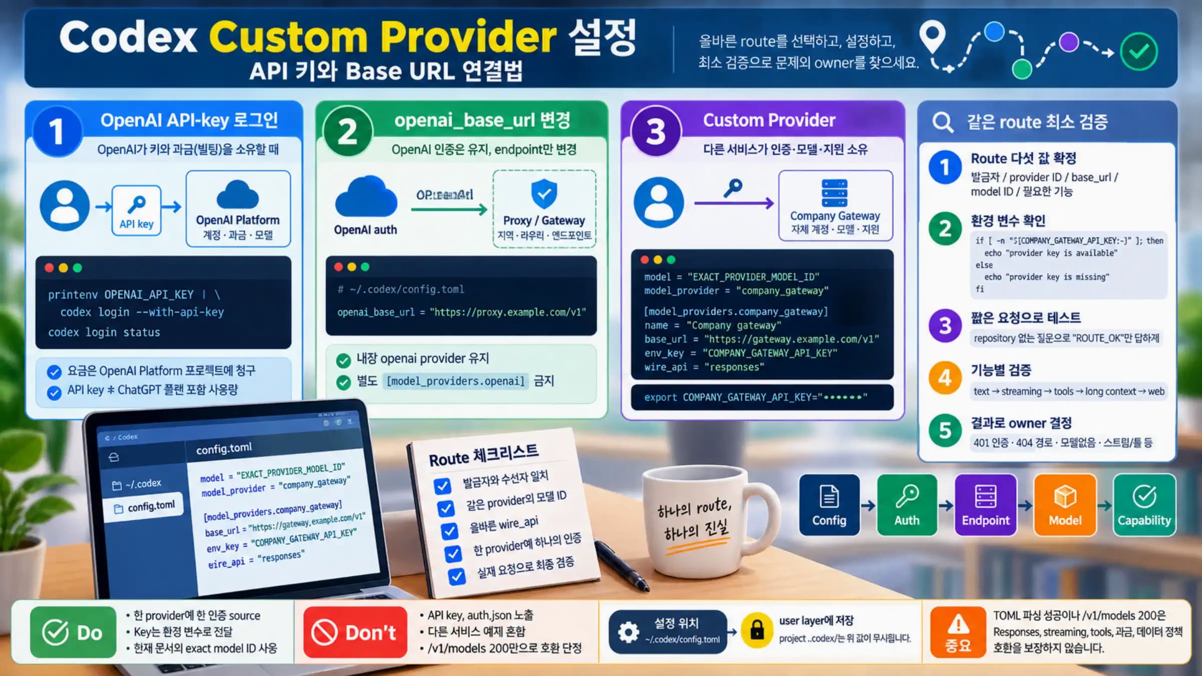 Codex에서 OpenAI API-key 로그인, 내장 OpenAI Base URL 변경, 별도 custom provider 중 하나를 고르는 경로