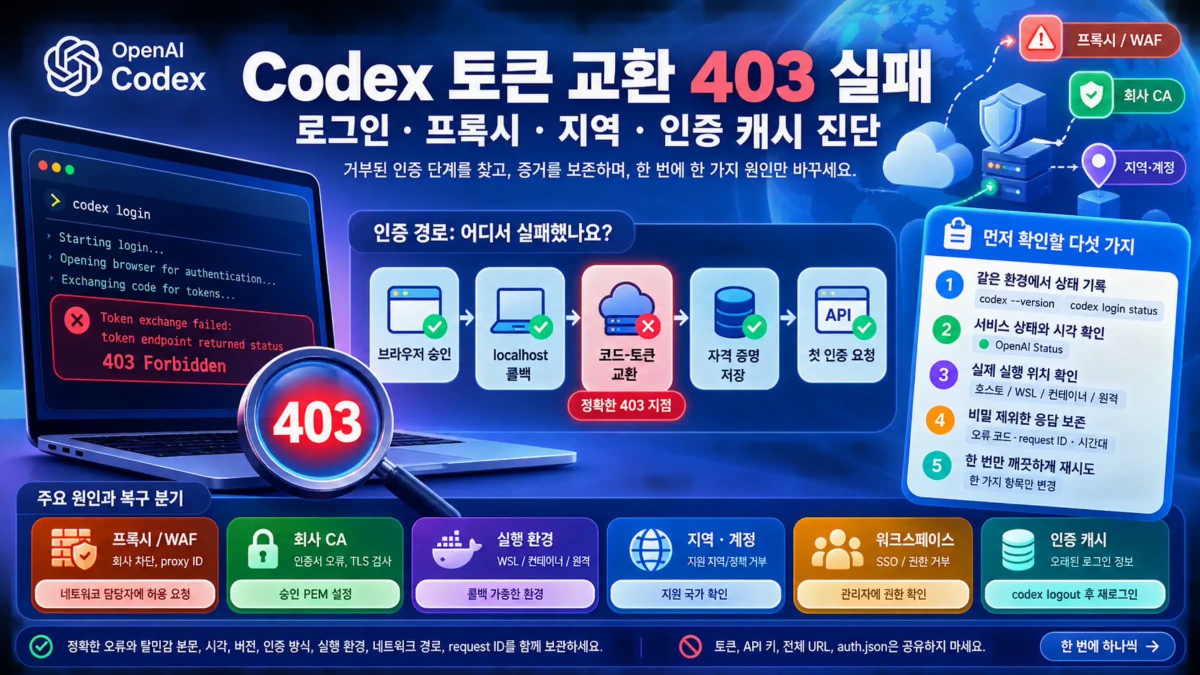 Codex 토큰 교환 403의 로그인, 프록시, 지역, 인증 캐시 진단 보드