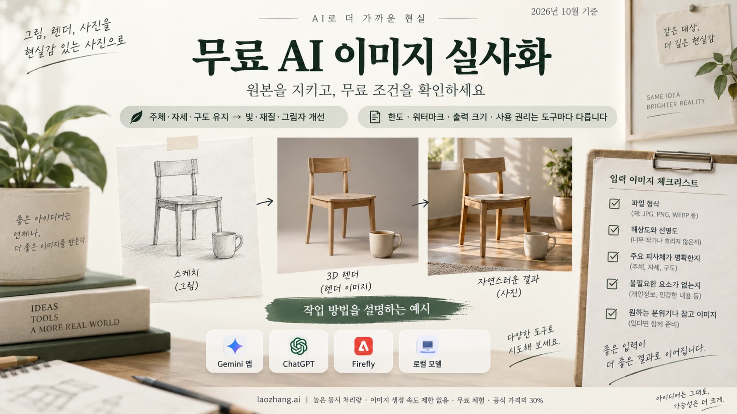 그림과 렌더를 실사풍 이미지로 바꾸는 설명 예시와 원본 보존, 도구별 무료 한도·워터마크·출력·권리 확인을 보여 주는 표지