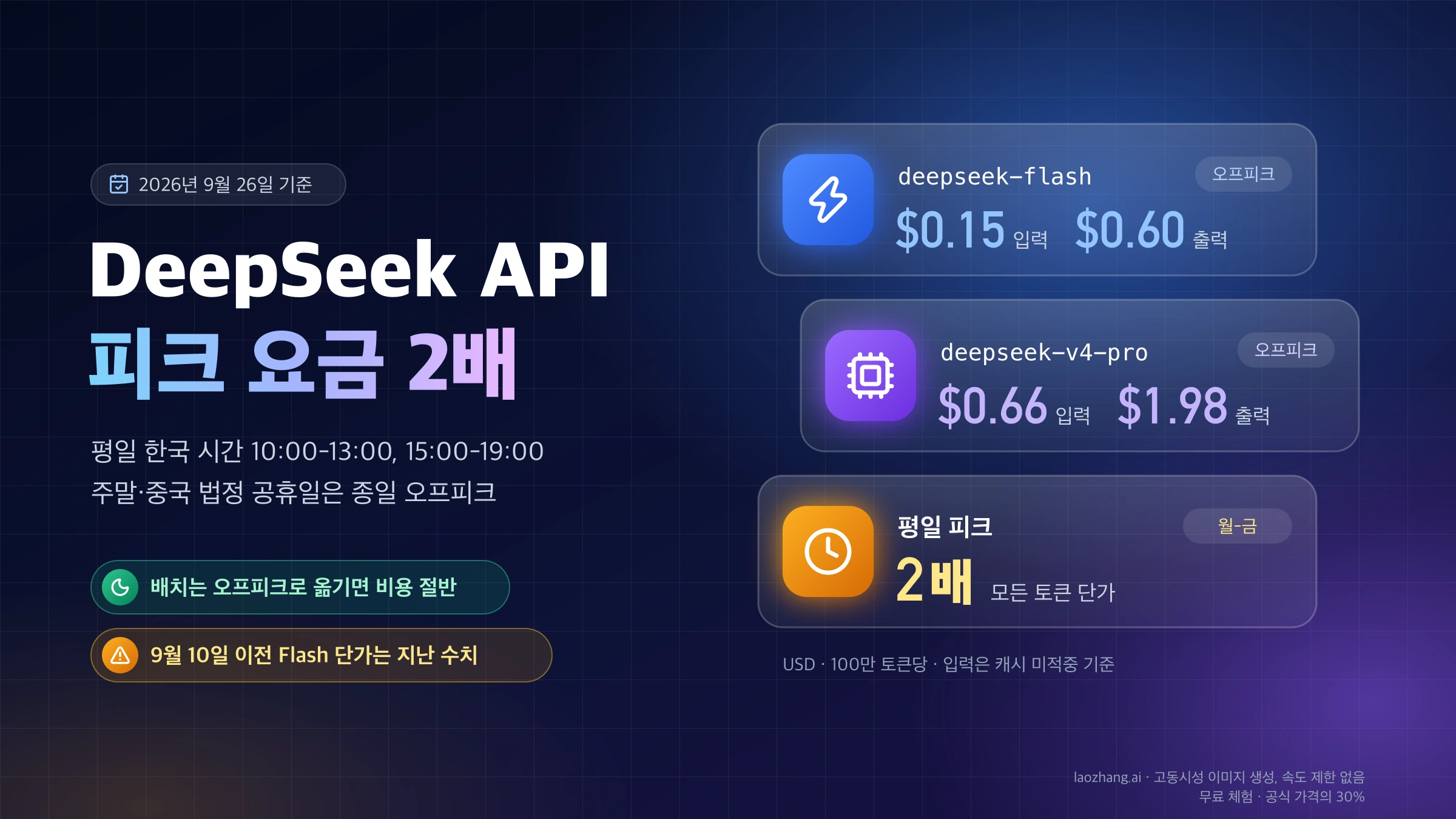DeepSeek API 평일 피크 요금 2배와 deepseek-flash, deepseek-v4-pro의 오프피크 100만 토큰당 입력·출력 단가