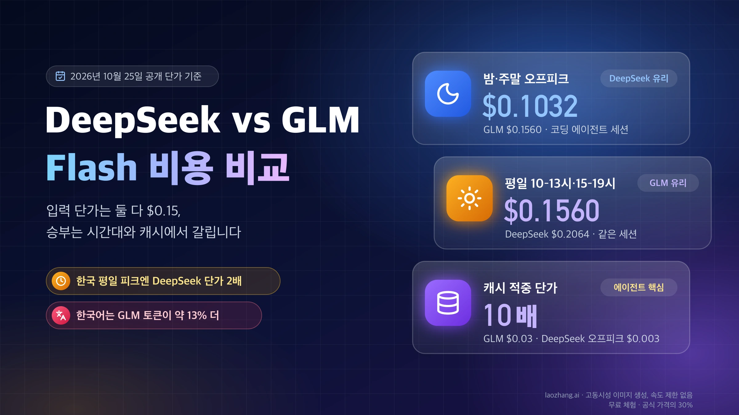 DeepSeek vs GLM Flash 비용 비교: 코딩 에이전트 세션은 오프피크 DeepSeek $0.1032, 평일 피크엔 GLM $0.1560, 캐시 적중 단가 차이 10배
