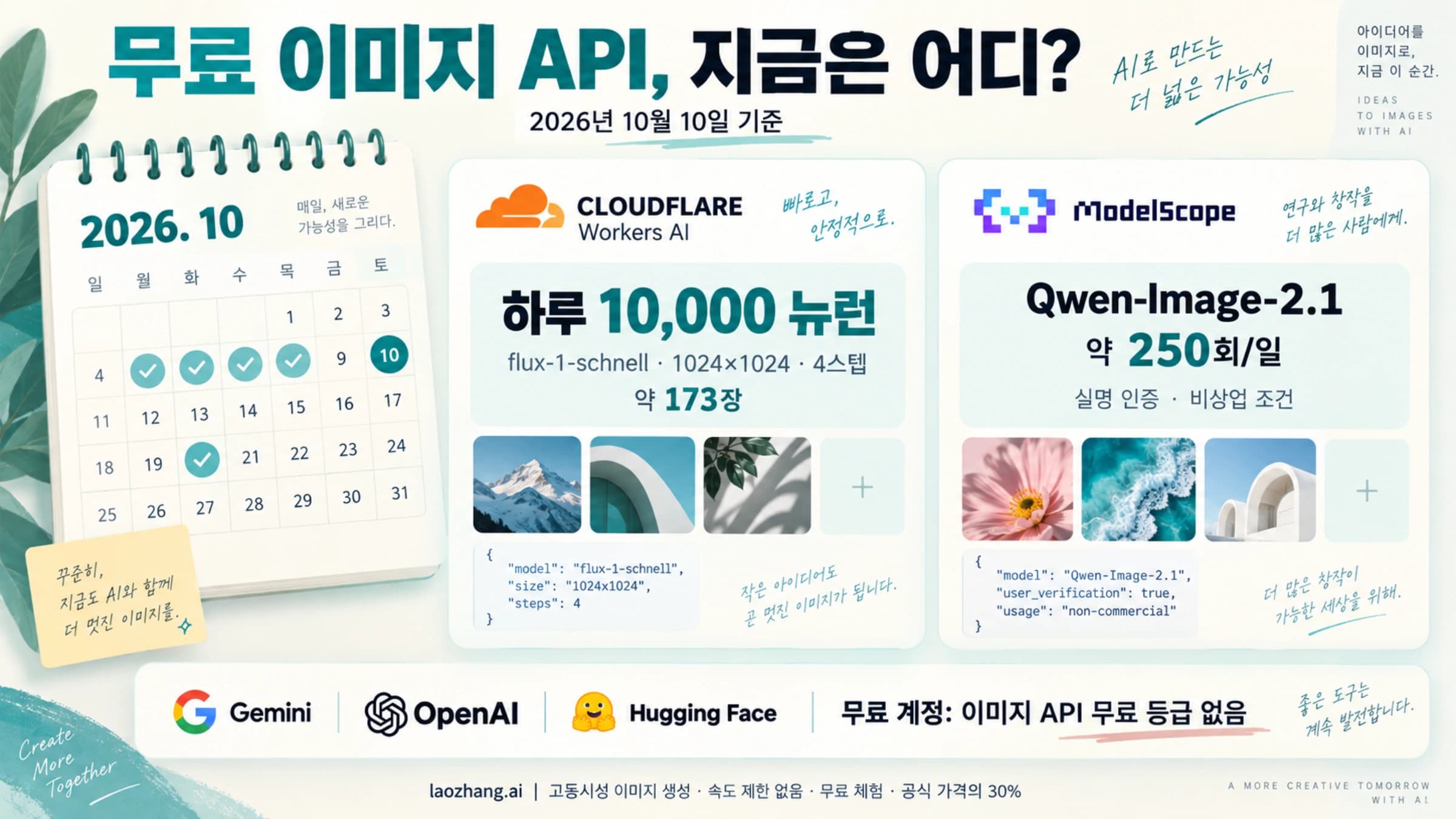Cloudflare Workers AI의 하루 무료 뉴런과 ModelScope의 조건부 무료 경로, Gemini·OpenAI·Hugging Face 무료 계정의 API 경계를 나눈 설명 표지