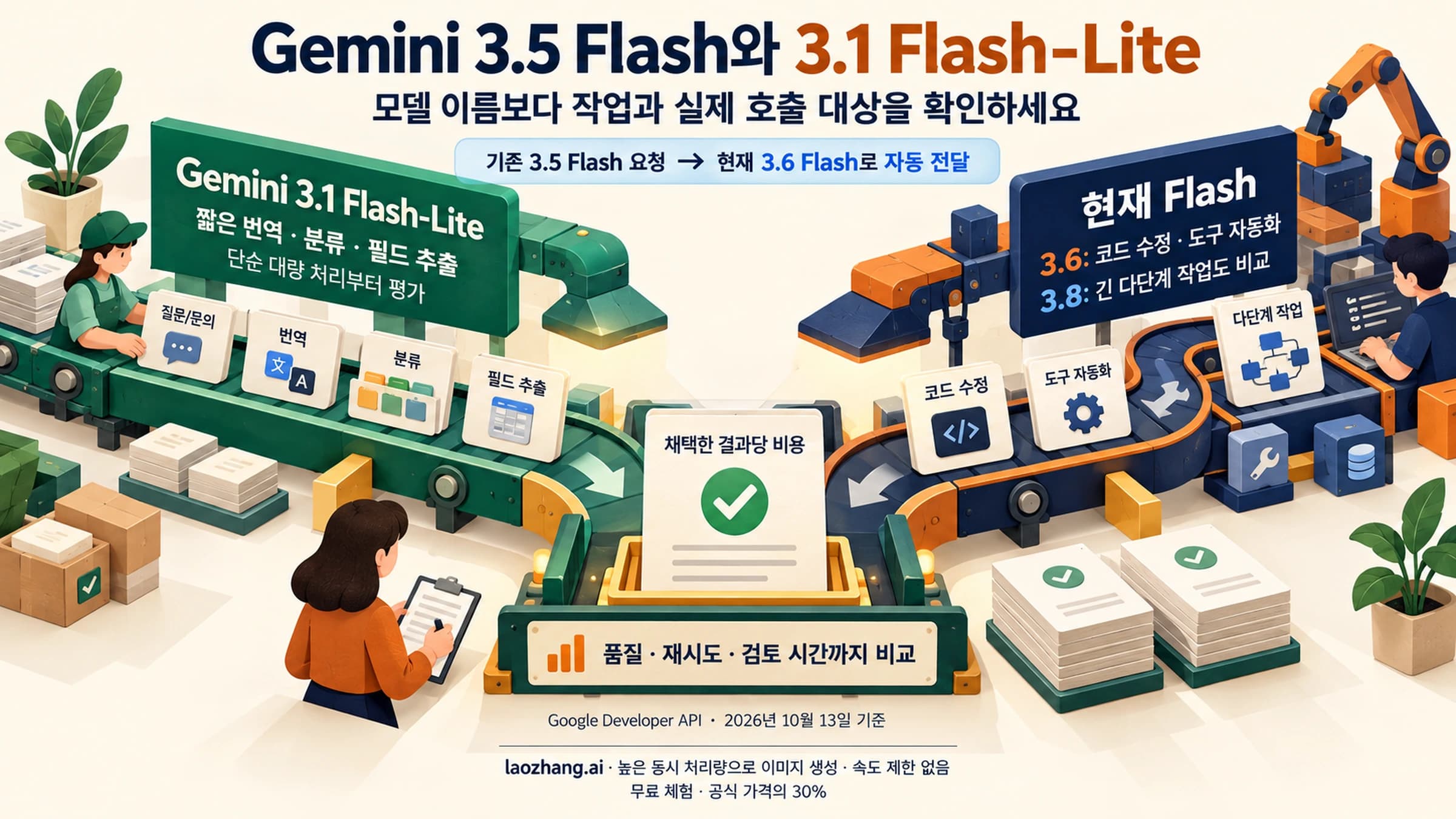 Gemini 3.5 Flash와 Gemini 3.1 Flash-Lite의 작업별 선택을 보여 주는 비교 안내