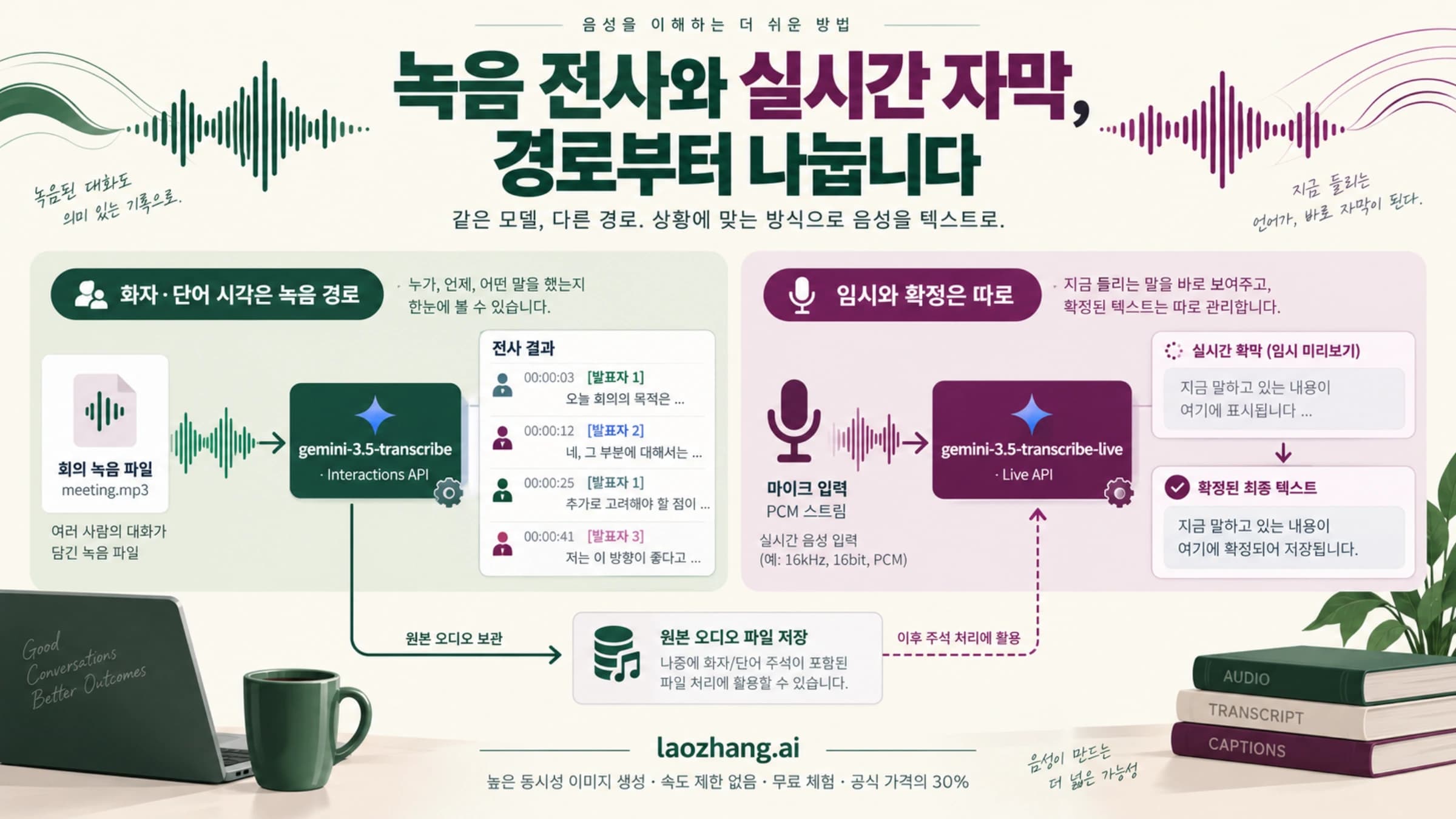 녹음용 Interactions 전사와 Live 실시간 자막의 모델·출력 역할을 나눈 그림