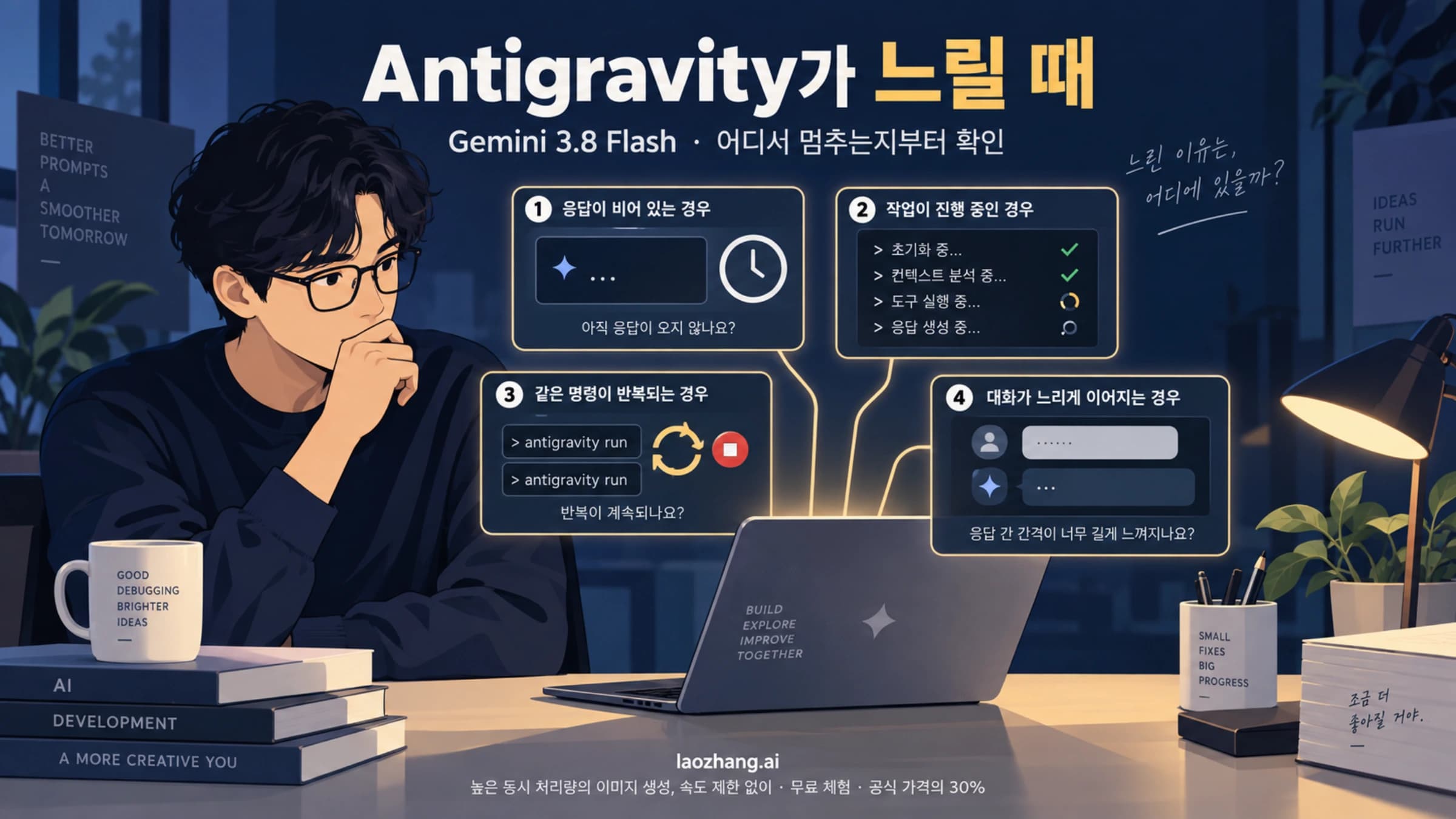Antigravity의 응답 대기와 작업 진행, 명령 반복을 살펴보는 개발자의 개념 일러스트
