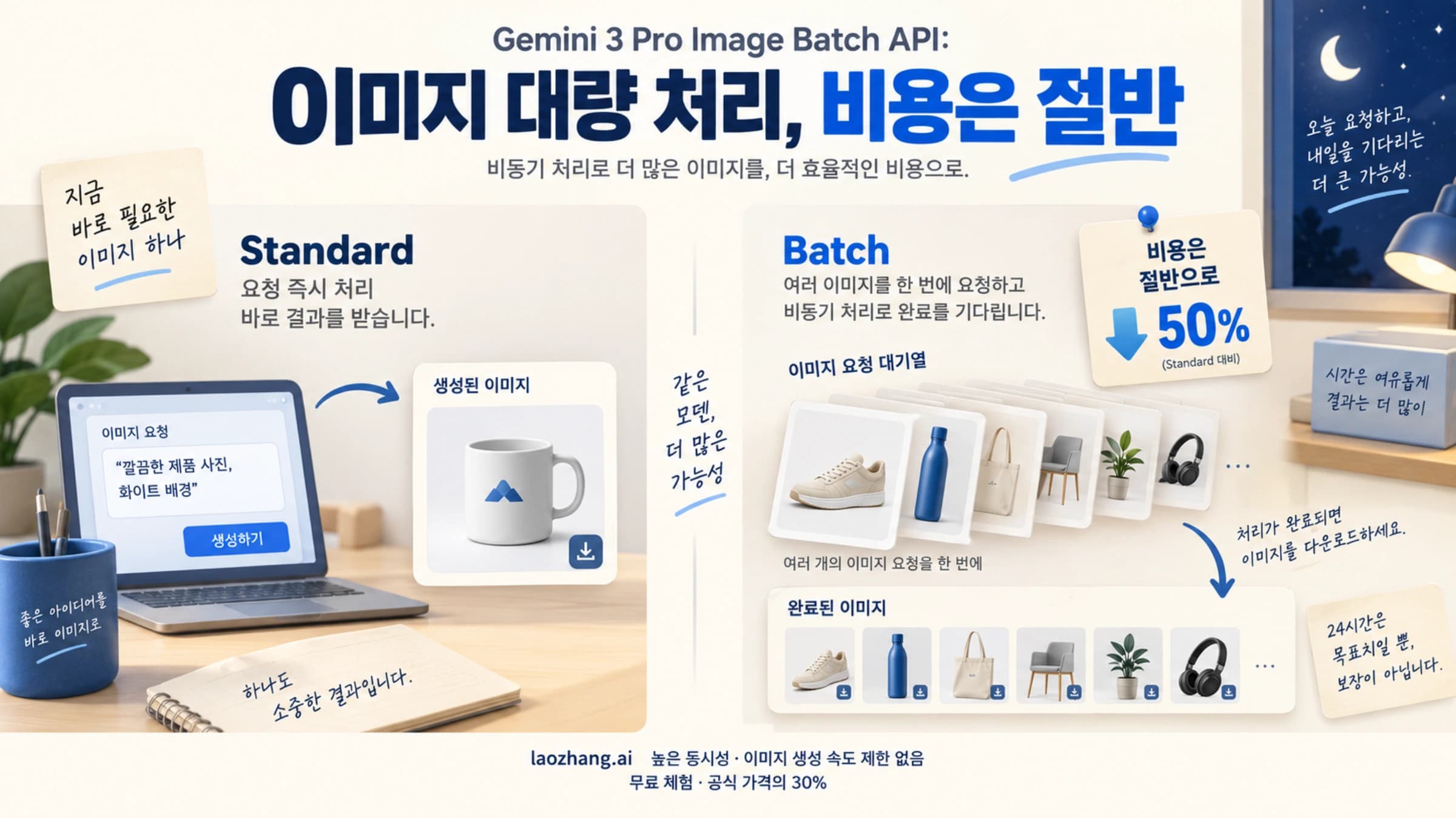 Gemini 3 Pro Image의 일반 요청과 비동기 Batch 이미지 생성을 비교한 개념도