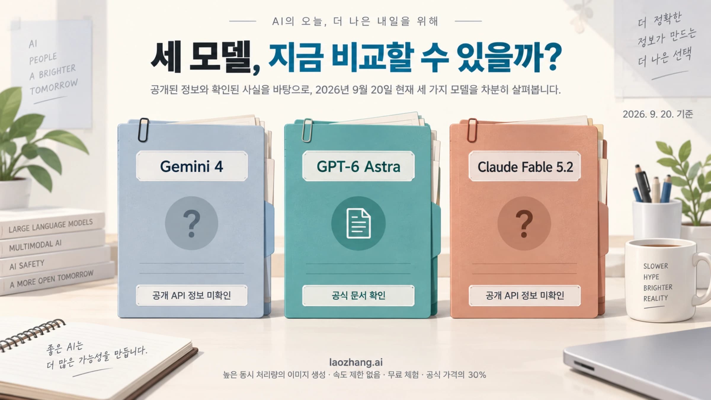 Gemini 4, GPT-6 Astra, Claude Fable 5.2를 놓고 공개된 자료를 비교하는 세 서류철 그림