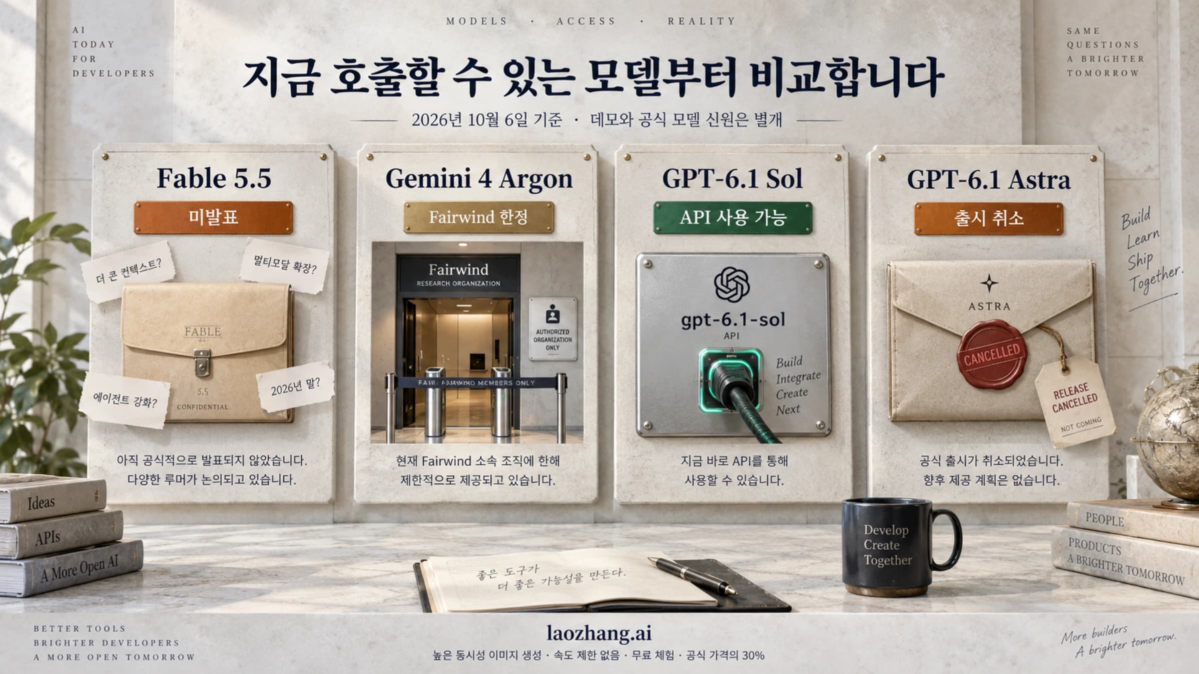 Fable 5.5, Gemini 4 Argon과 GPT-6.1 Sol·Astra의 공개 상태를 나눈 현황 그림