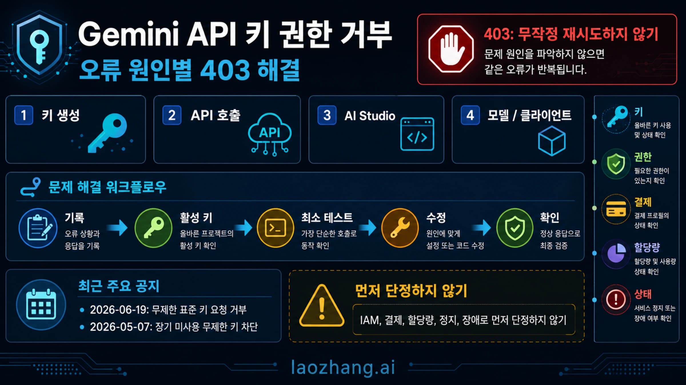 Gemini API 403 권한 거부를 네 가지 실패 지점으로 나누고 재시도 중단과 2026년 키 규칙 변경을 보여 주는 복구 보드