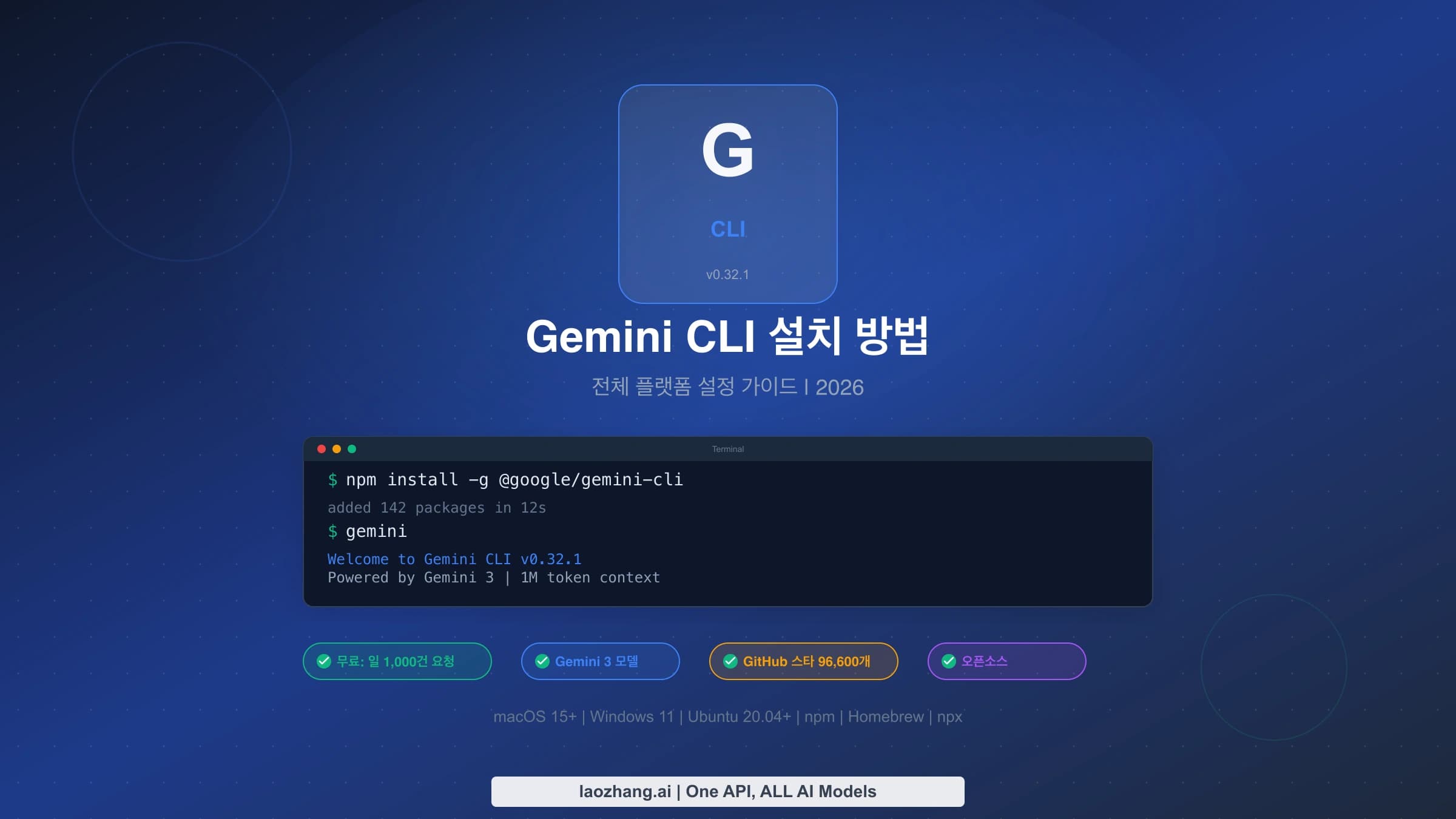 macOS, Windows, Linux에 Gemini CLI를 설치하는 방법을 소개하는 표지