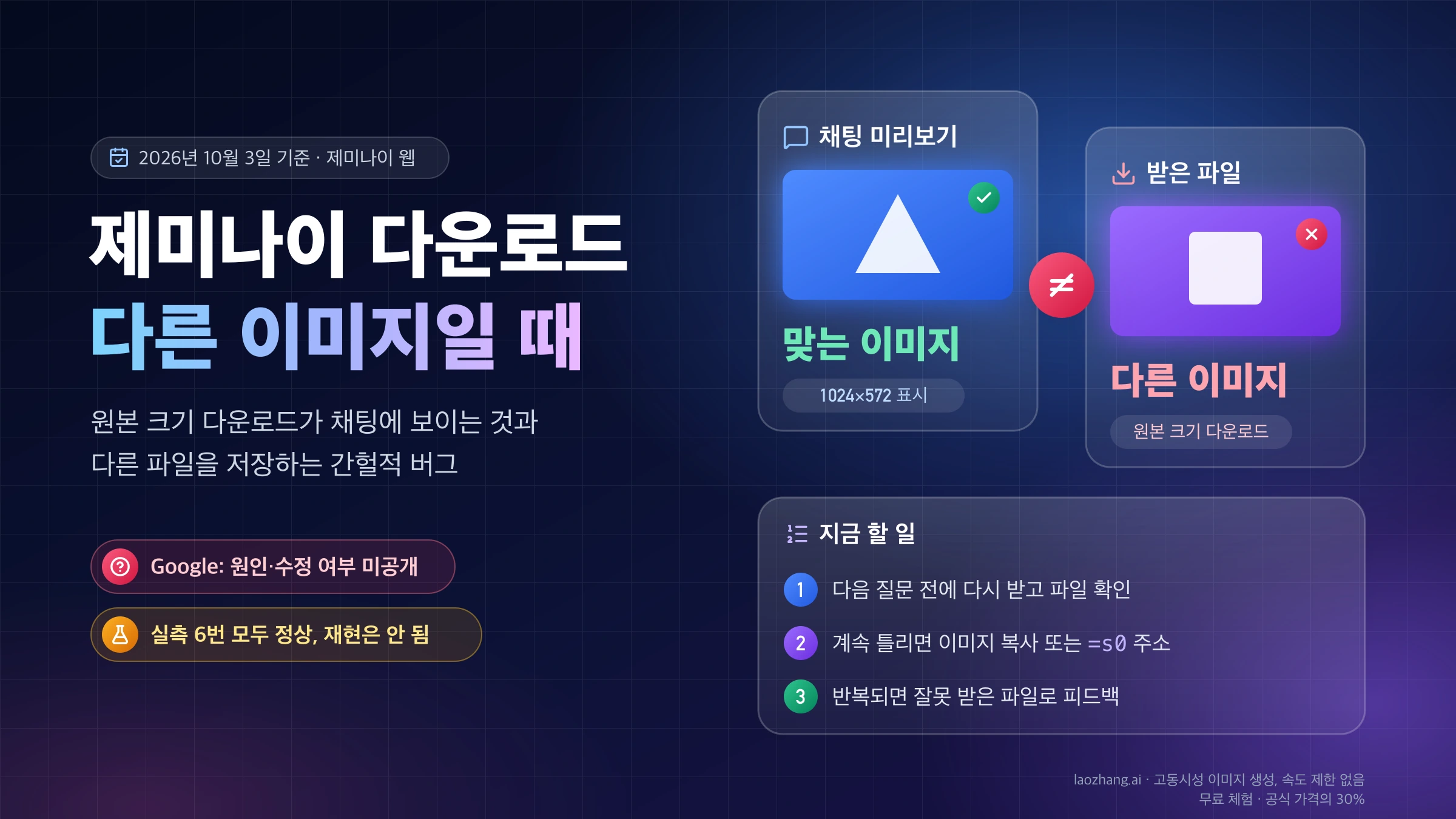 제미나이 채팅 미리보기의 맞는 이미지와 다르게 받아진 파일을 나란히 놓고 지금 할 일 세 단계를 정리한 표지