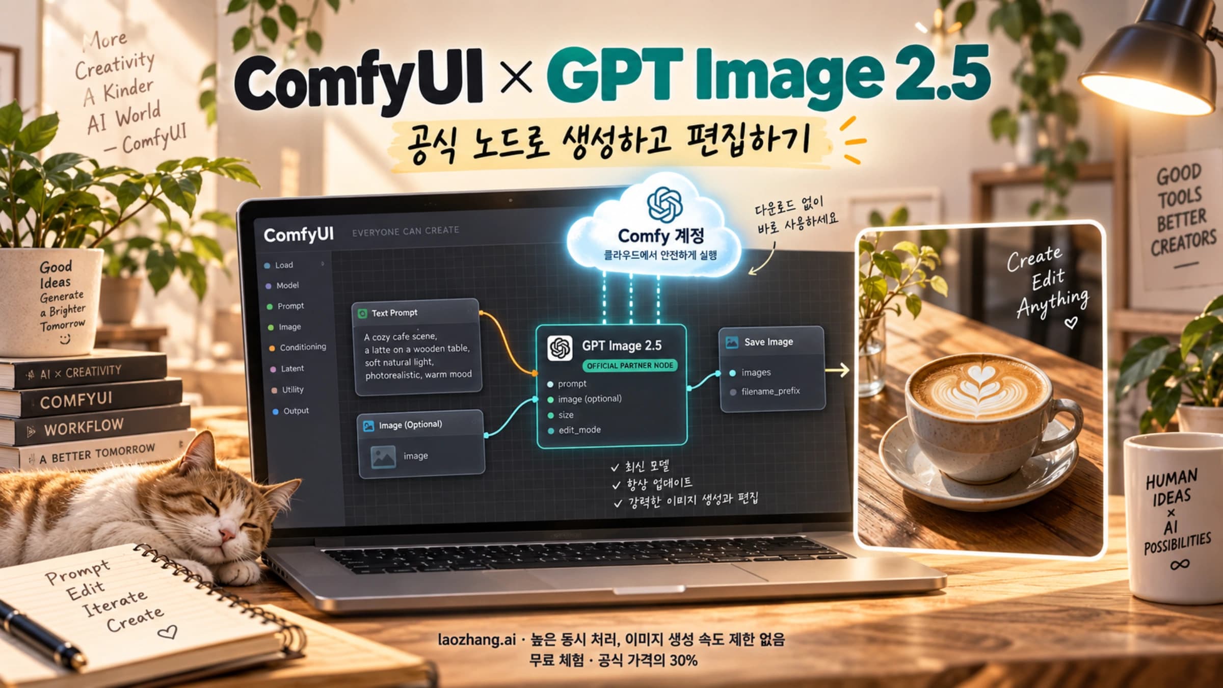 Comfy 계정으로 GPT Image 2.5 파트너 노드를 실행하고 Save Image에 결과를 연결하는 작업 공간