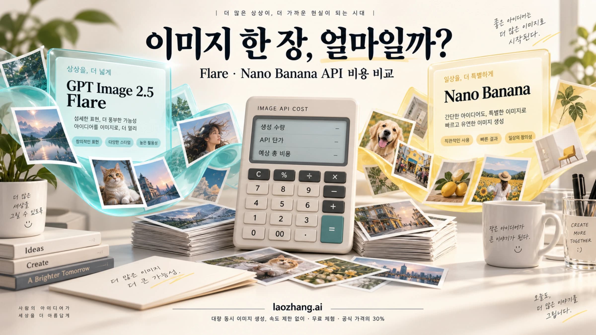 Flare와 Nano Banana 이미지 생성 비용을 사진과 계산기로 비교하는 표지