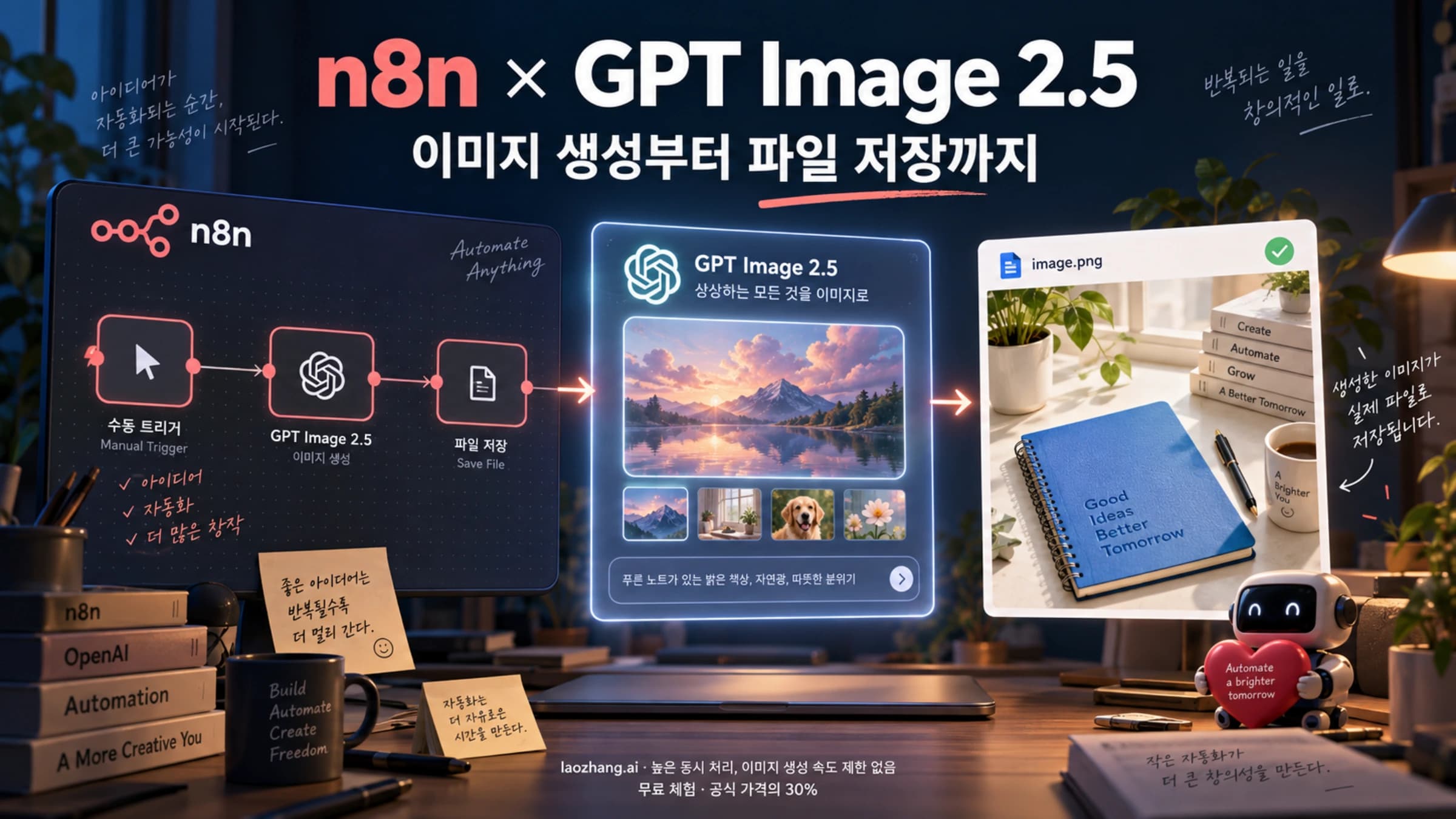 n8n 워크플로에서 GPT Image 2.5를 호출하고 생성된 이미지를 파일로 저장하는 흐름