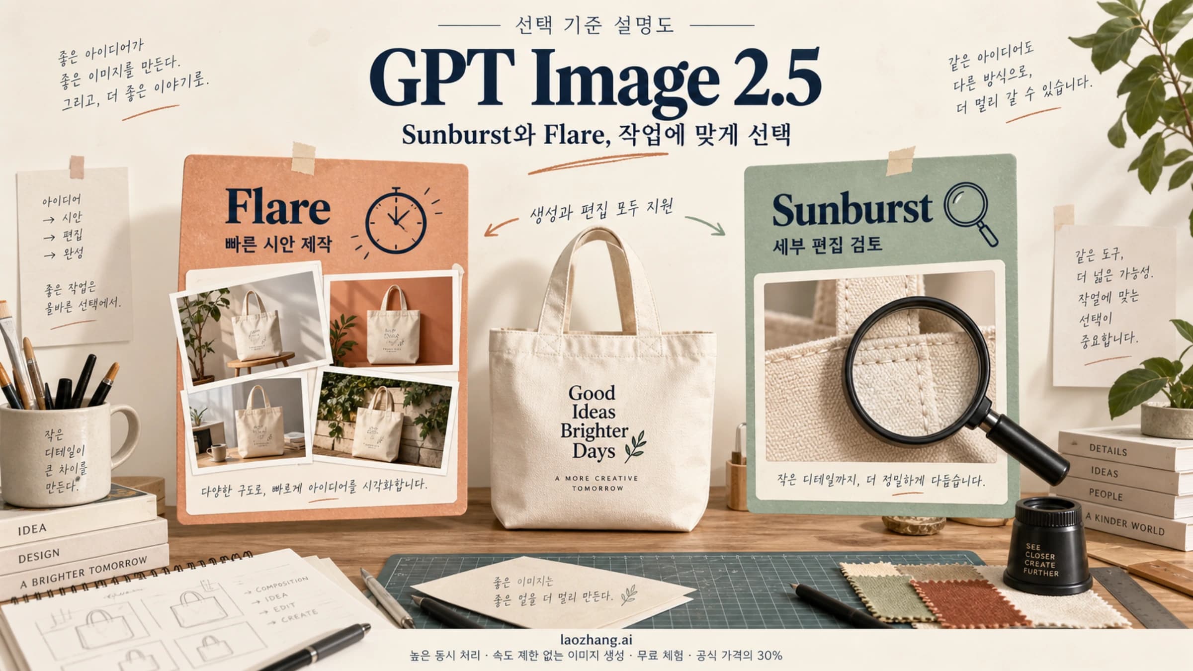 시안 제작과 상품 세부 편집을 기준으로 GPT Image 2.5 Flare와 Sunburst의 선택을 설명하는 표지