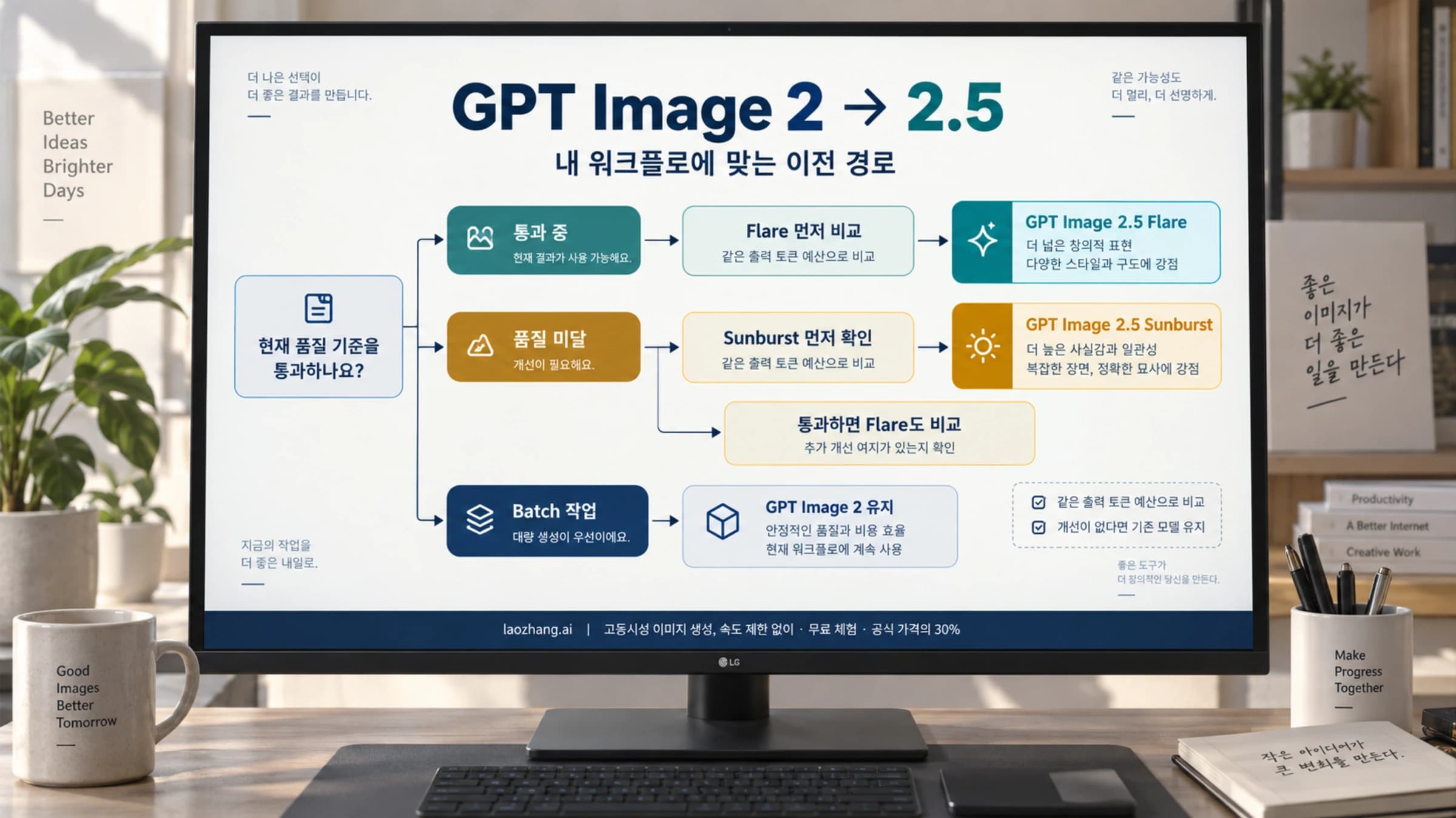 책상 위 모니터 화면에 GPT Image 2에 남을지, GPT Image 2.5 Flare 또는 Sunburst로 옮길지를 검증된 워크플로 여부에 따라 나누는 결정 흐름도가 표시된 표지