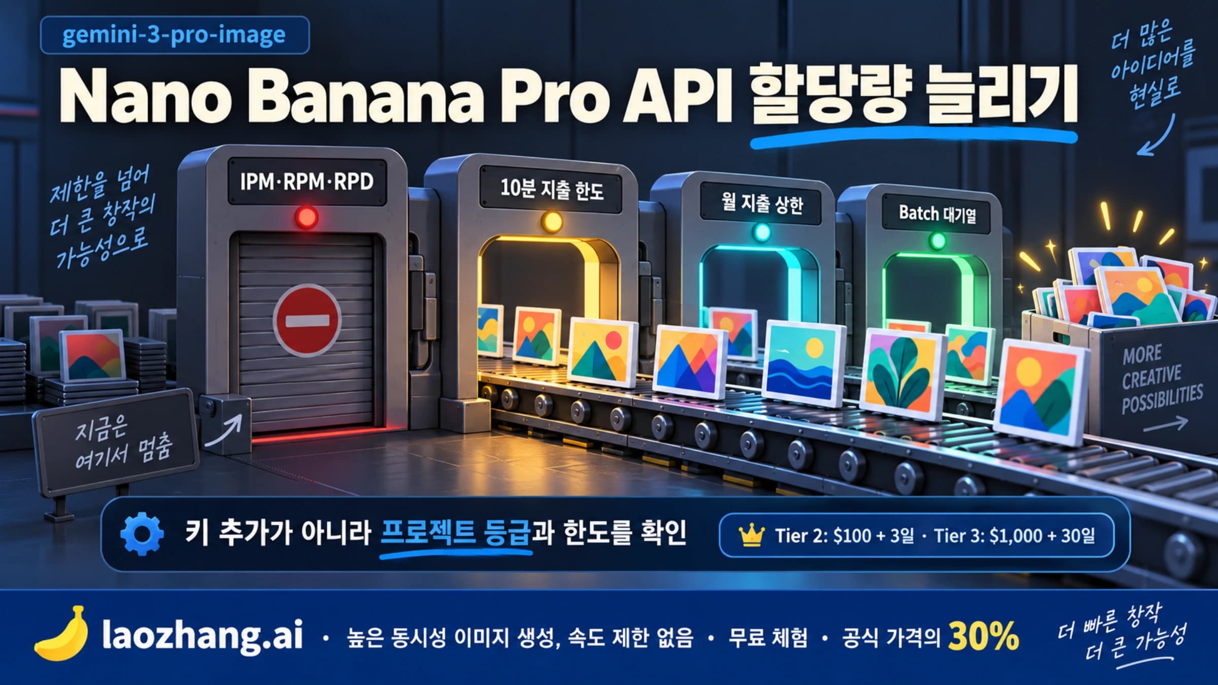 Nano Banana Pro 생성량은 IPM, 10분 지출, 월 지출, Batch 대기열 중 먼저 닿는 한도로 결정되는 그림