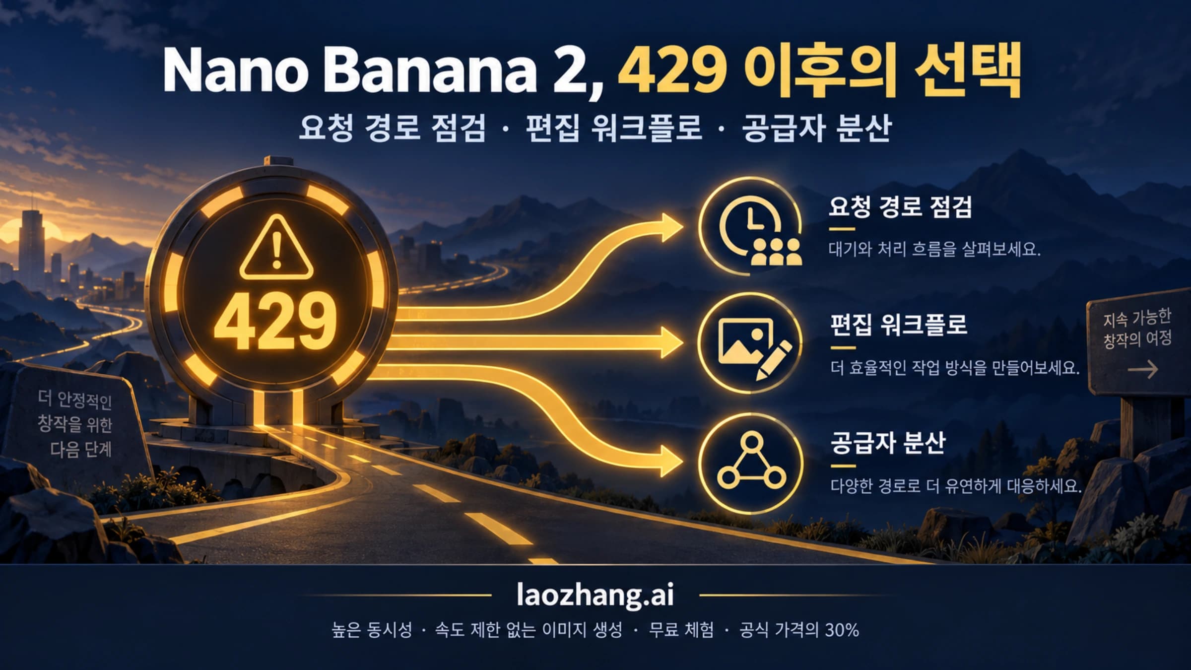 Nano Banana 2의 429 이후 요청 경로 점검, 편집 워크플로와 공급자 분산 선택을 표현한 개념도