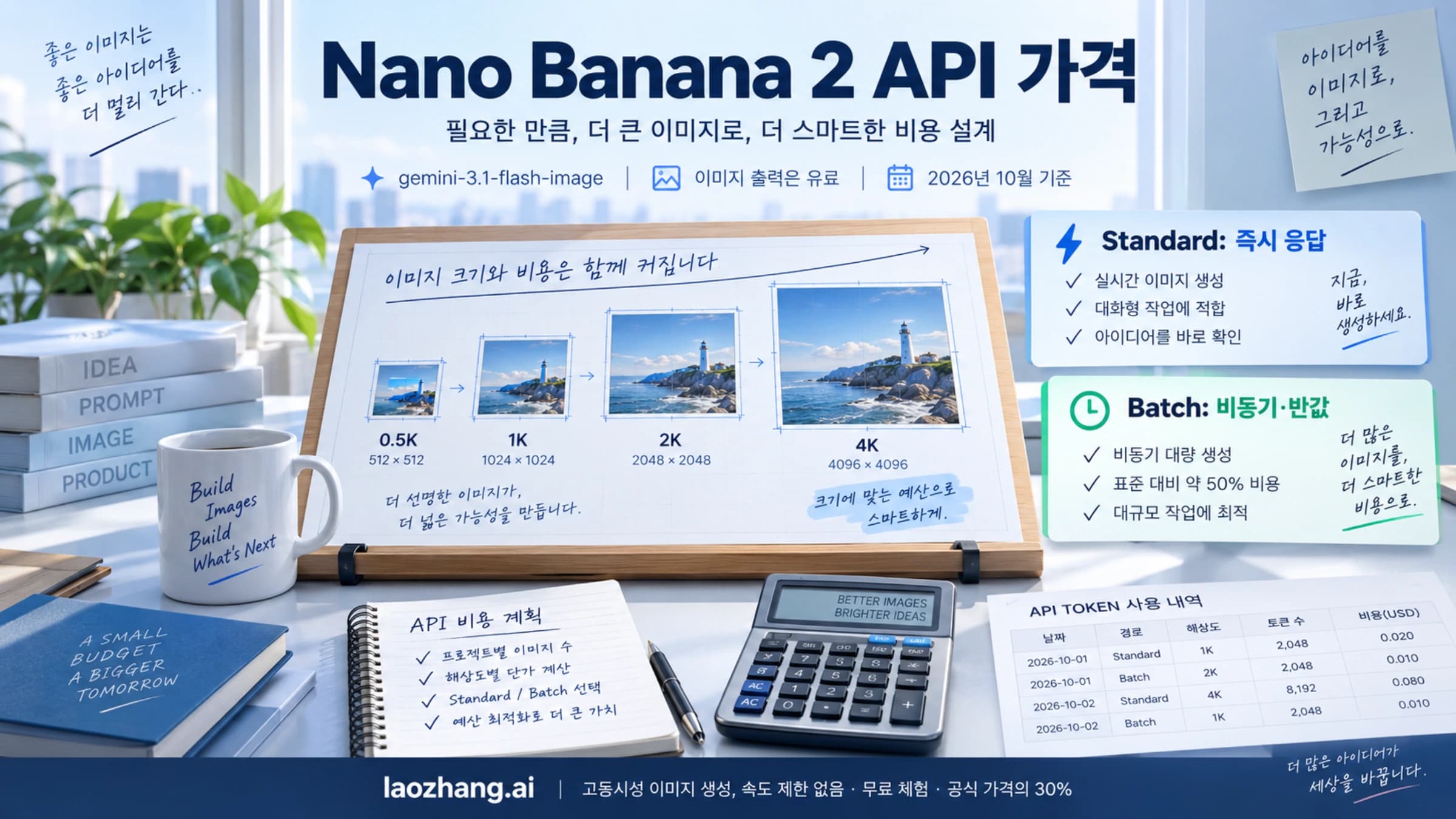 Nano Banana 2 API의 해상도 선택과 Standard·Batch 과금 방식을 나타내는 표지