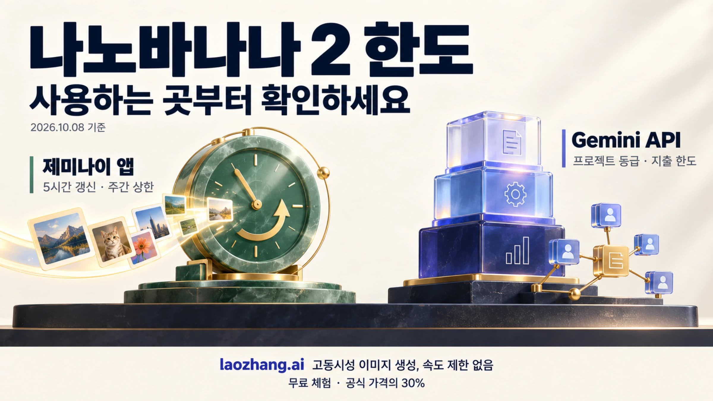 나노바나나 2 한도를 제미나이 앱의 5시간 갱신·주간 상한과 Gemini API의 프로젝트 등급·지출 한도로 구분한 개념도