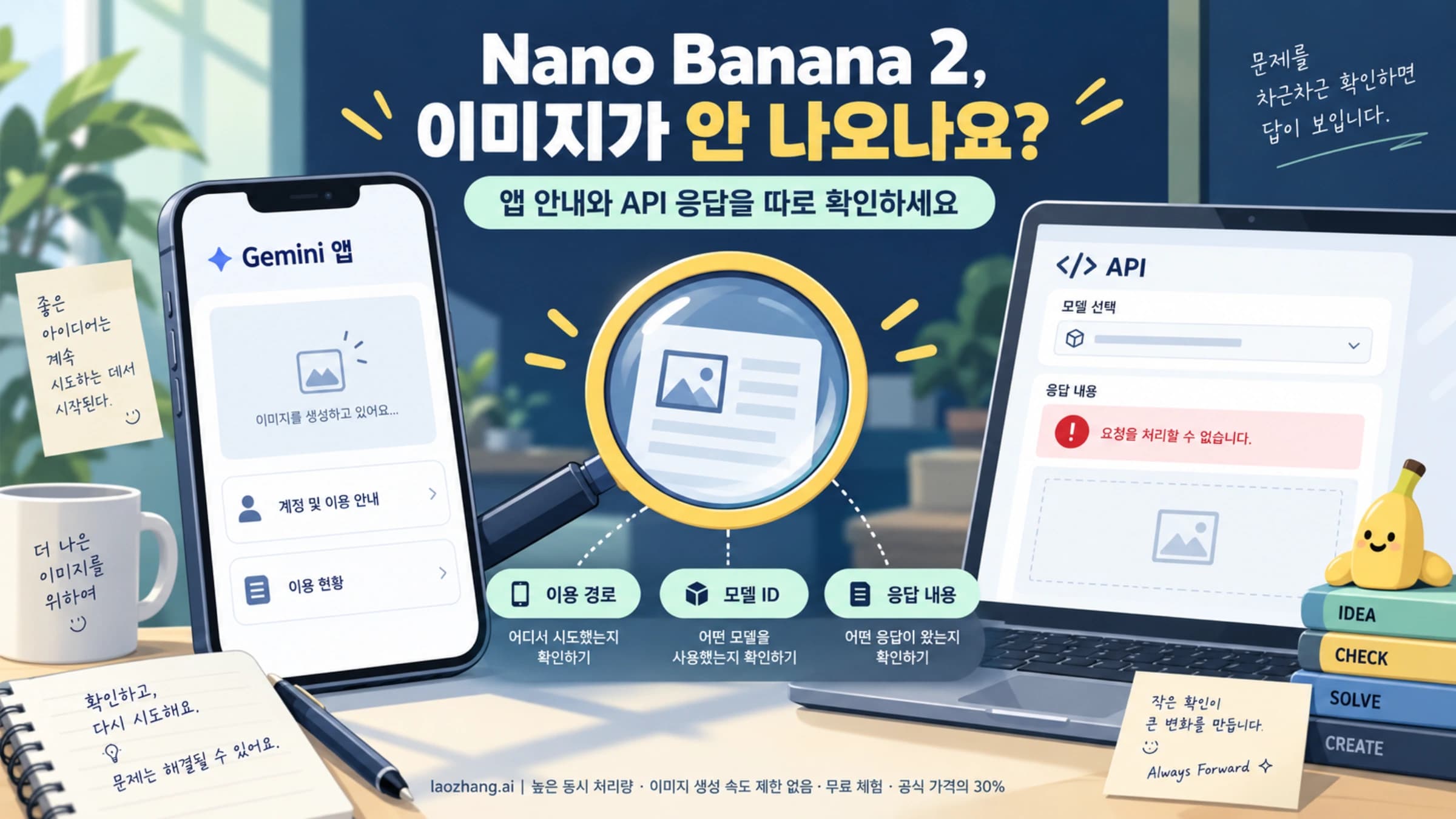 Nano Banana 2 이미지 실패에서 Gemini 앱 안내와 API 응답을 따로 확인하는 개념 그림