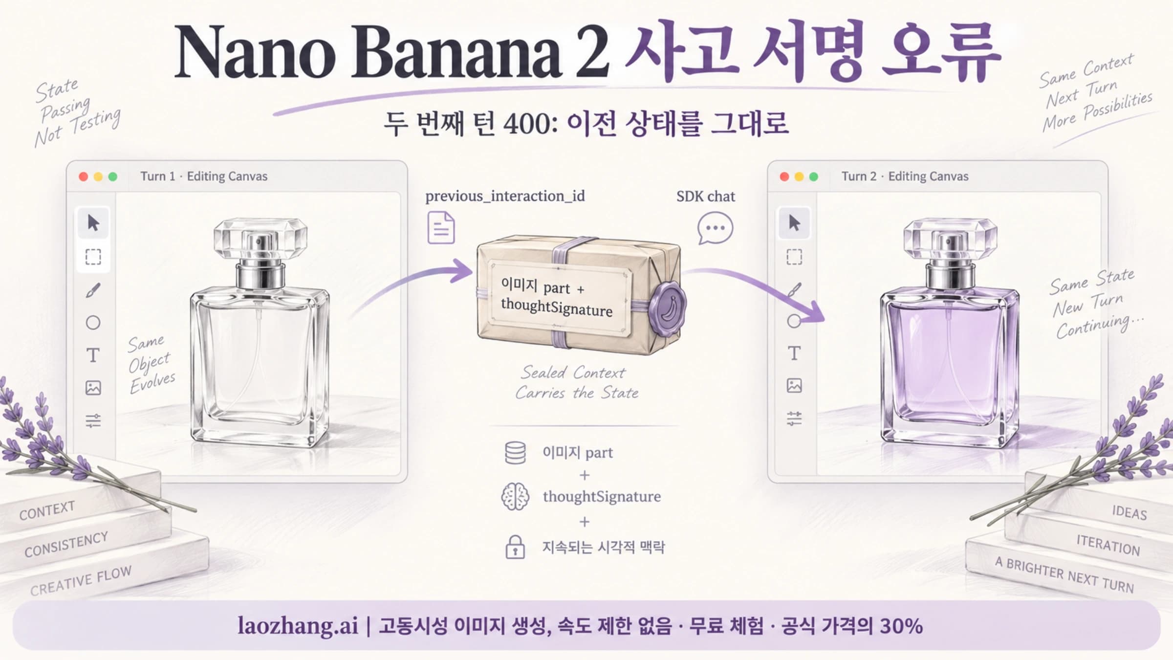 Nano Banana 2 두 번째 이미지 편집 턴에서 응답 상태와 사고 서명을 보존하는 개념도