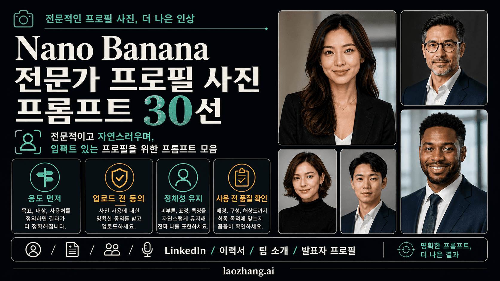 Nano Banana 전문가 프로필 사진 프롬프트 정보 보드. 용도, 동의, 정체성 유지, QA를 보여준다