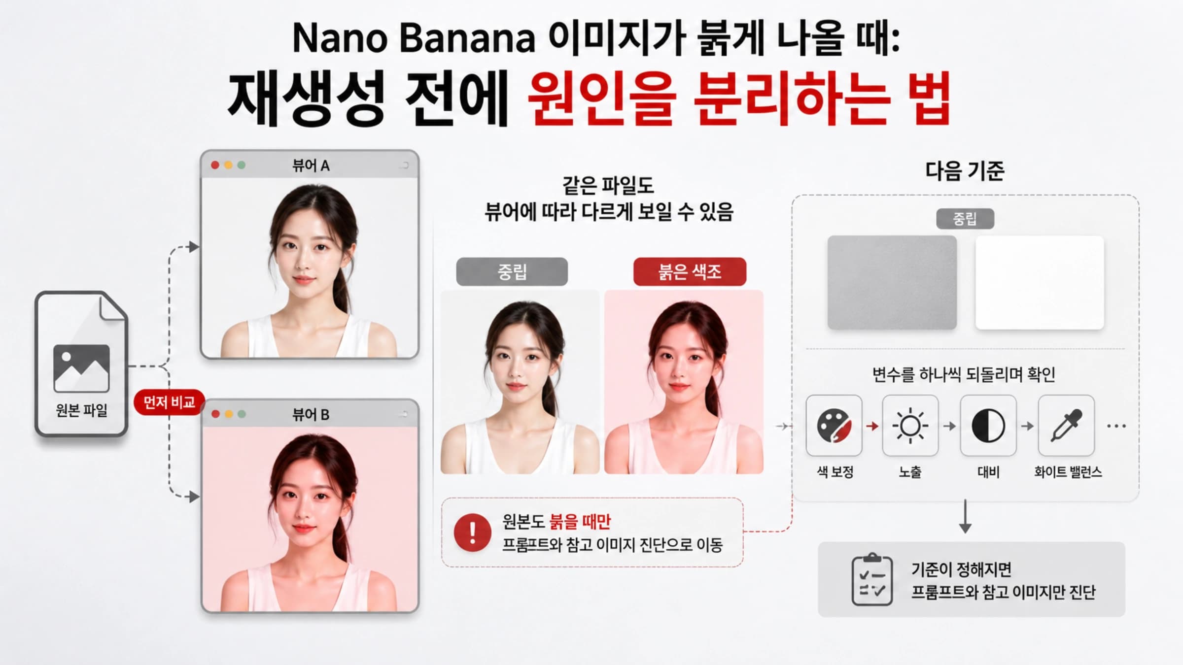 Nano Banana의 중립 색상 인물 이미지와 붉은 색조 결과 비교