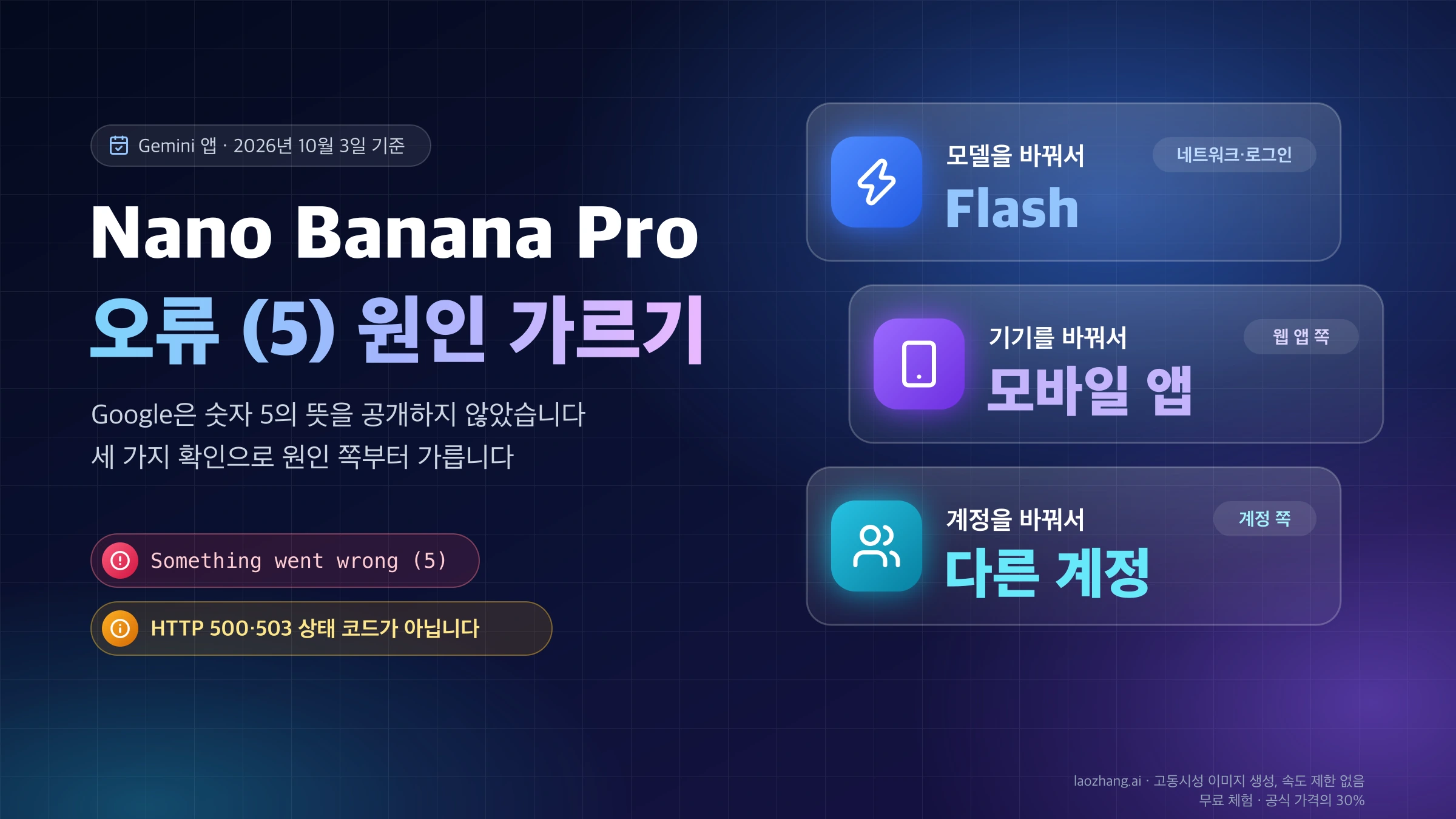 Nano Banana Pro 오류 (5) 원인 가르기: Flash 모델, 모바일 앱, 다른 계정으로 바꿔 확인하는 세 가지 카드