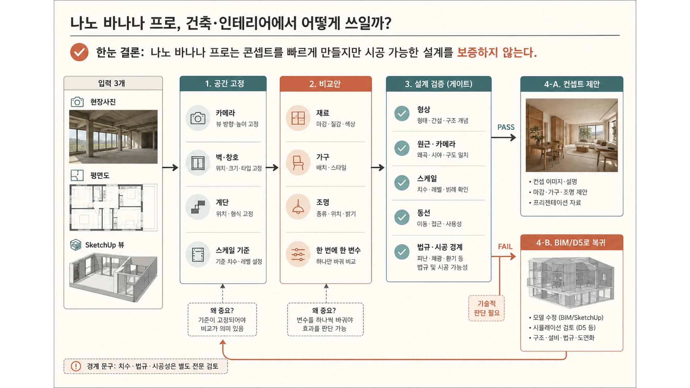 현장사진 평면도 스케치업 입력에서 공간 고정과 비교안을 거쳐 설계 검증 후 콘셉트 제안 또는 BIM D5로 복귀하는 흐름