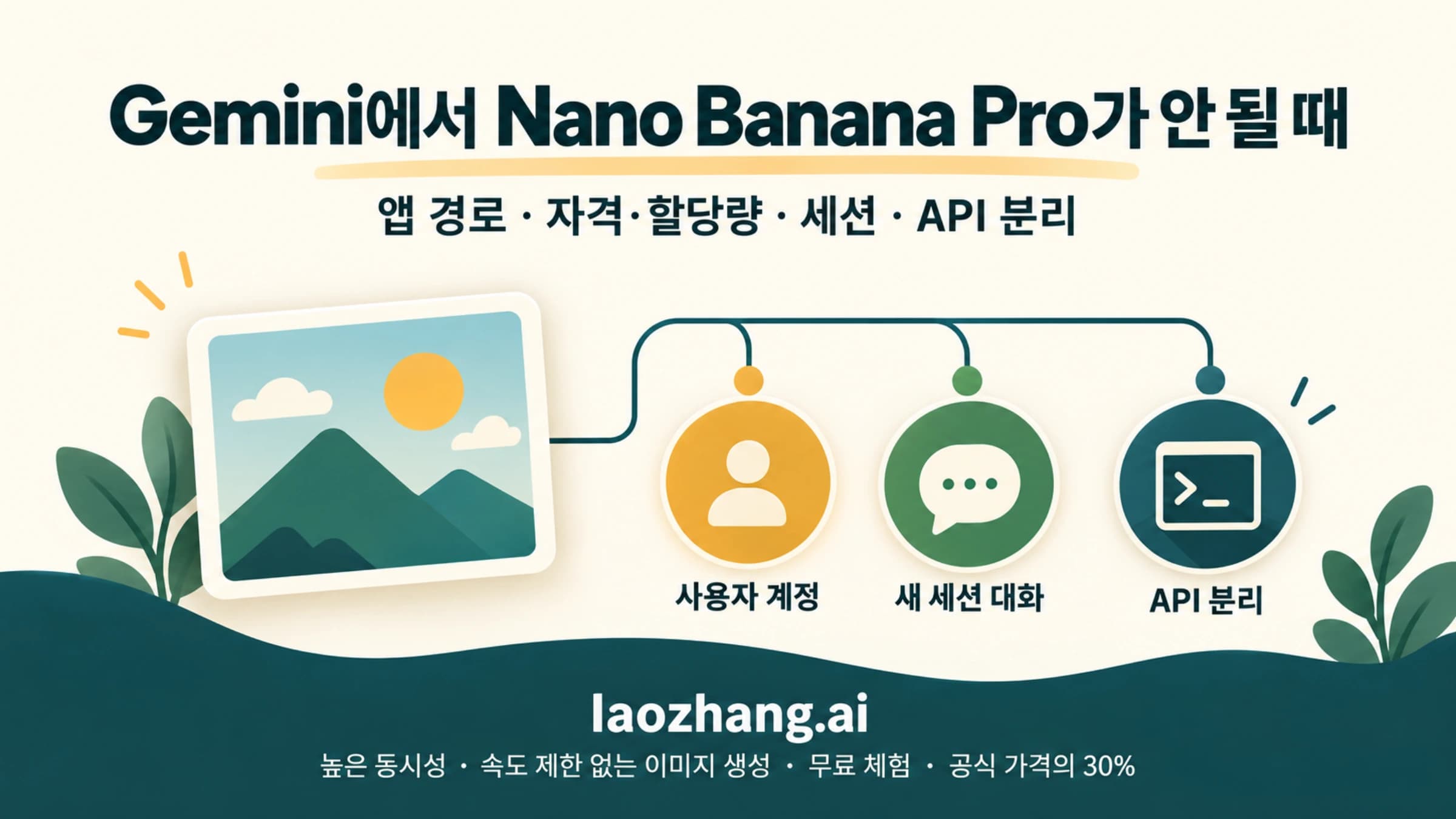 Gemini의 Nano Banana Pro 문제를 계정, 세션과 API 경로로 나누는 진단 개념도