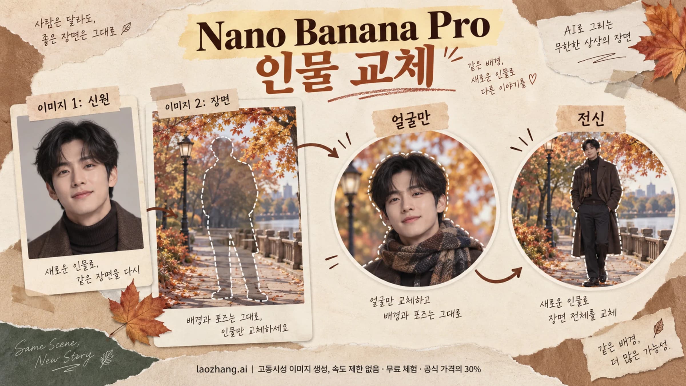 신원 참조 사진과 대상 장면을 나누어 얼굴만 교체하거나 전신을 교체하는 Nano Banana Pro 편집 개념도