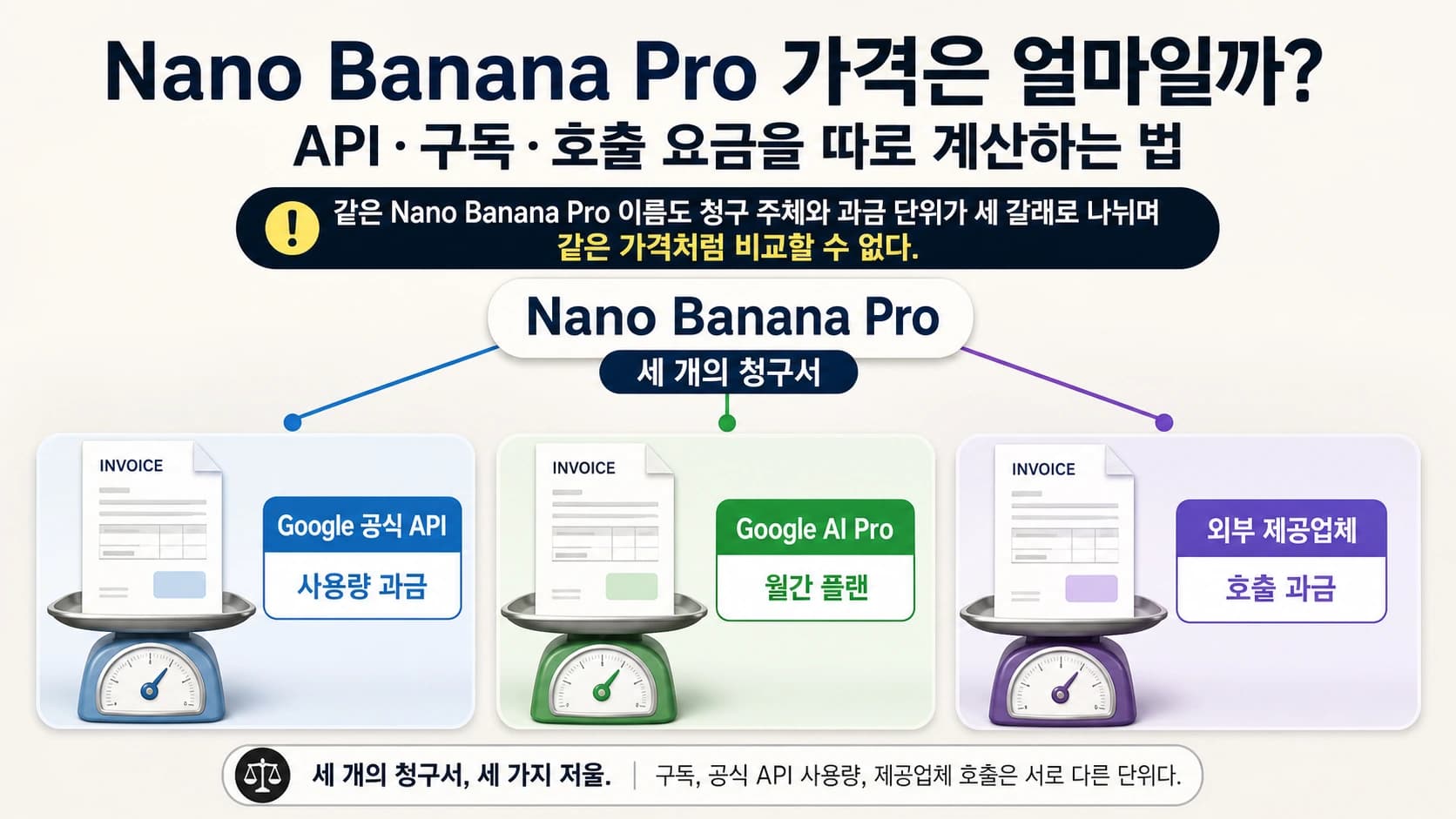Nano Banana Pro라는 하나의 이름이 Google 공식 API, Google AI Pro, 외부 제공업체의 세 청구서로 나뉘는 그림