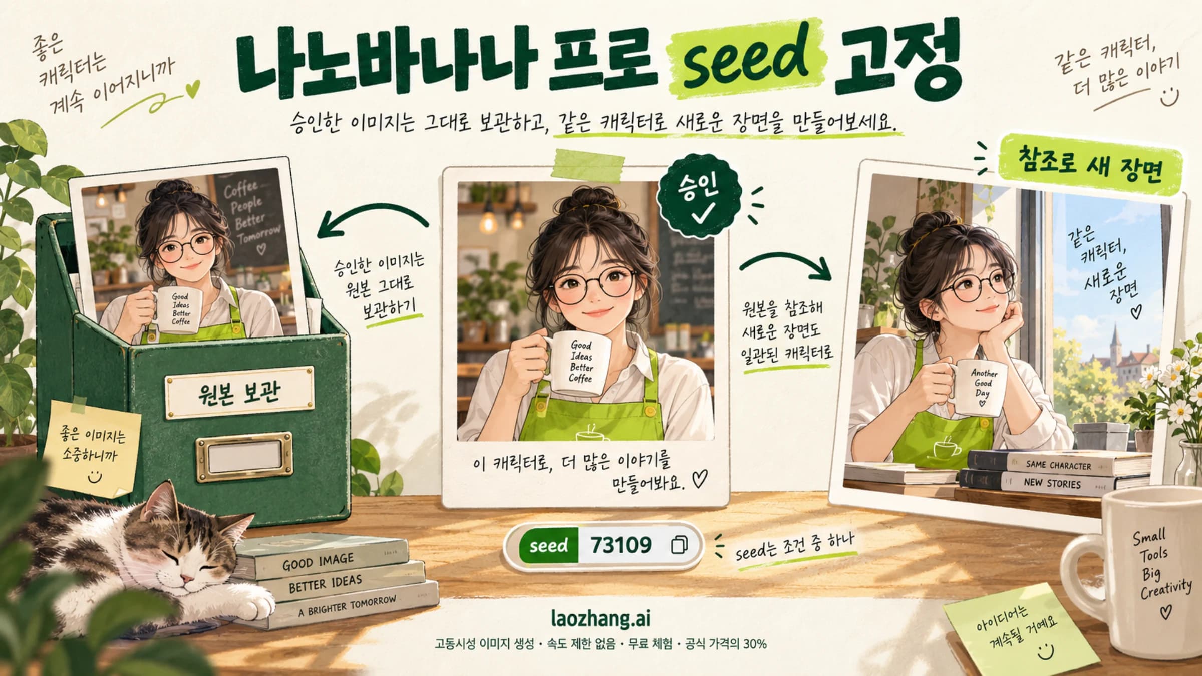 승인 원본을 보관하는 작업과 참조 이미지로 새 장면을 만드는 작업을 구분한 카페 진행자 일러스트