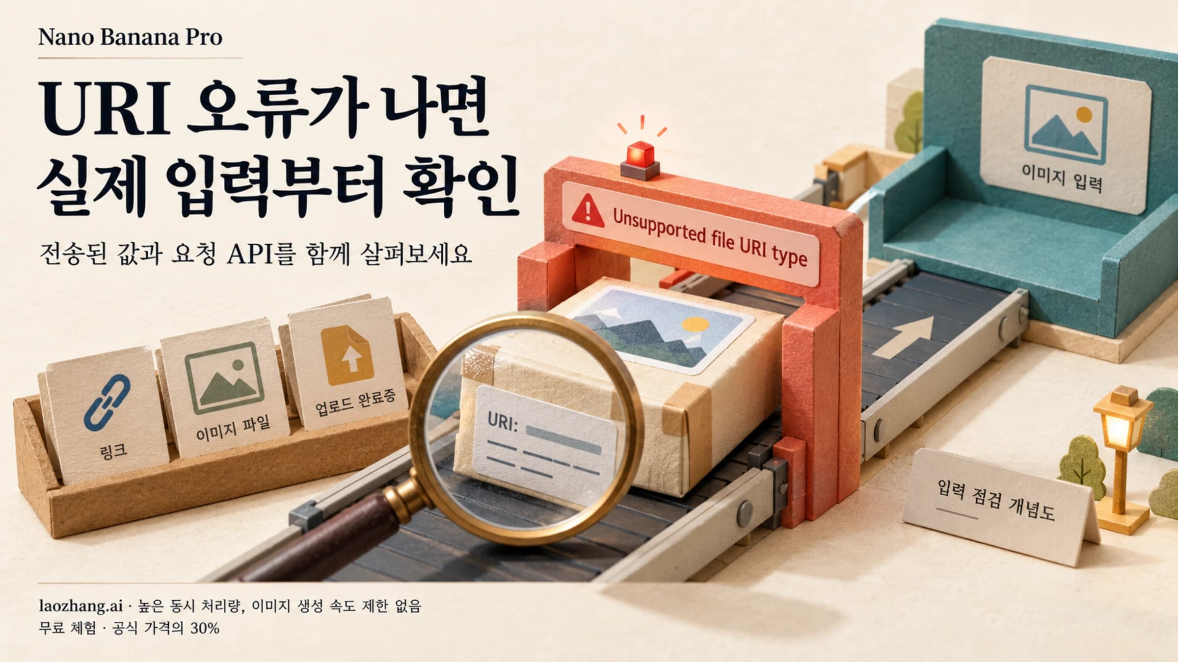 Nano Banana Pro의 URI 오류에서 전송된 이미지 값과 요청 API를 함께 살펴보는 입력 점검 개념도
