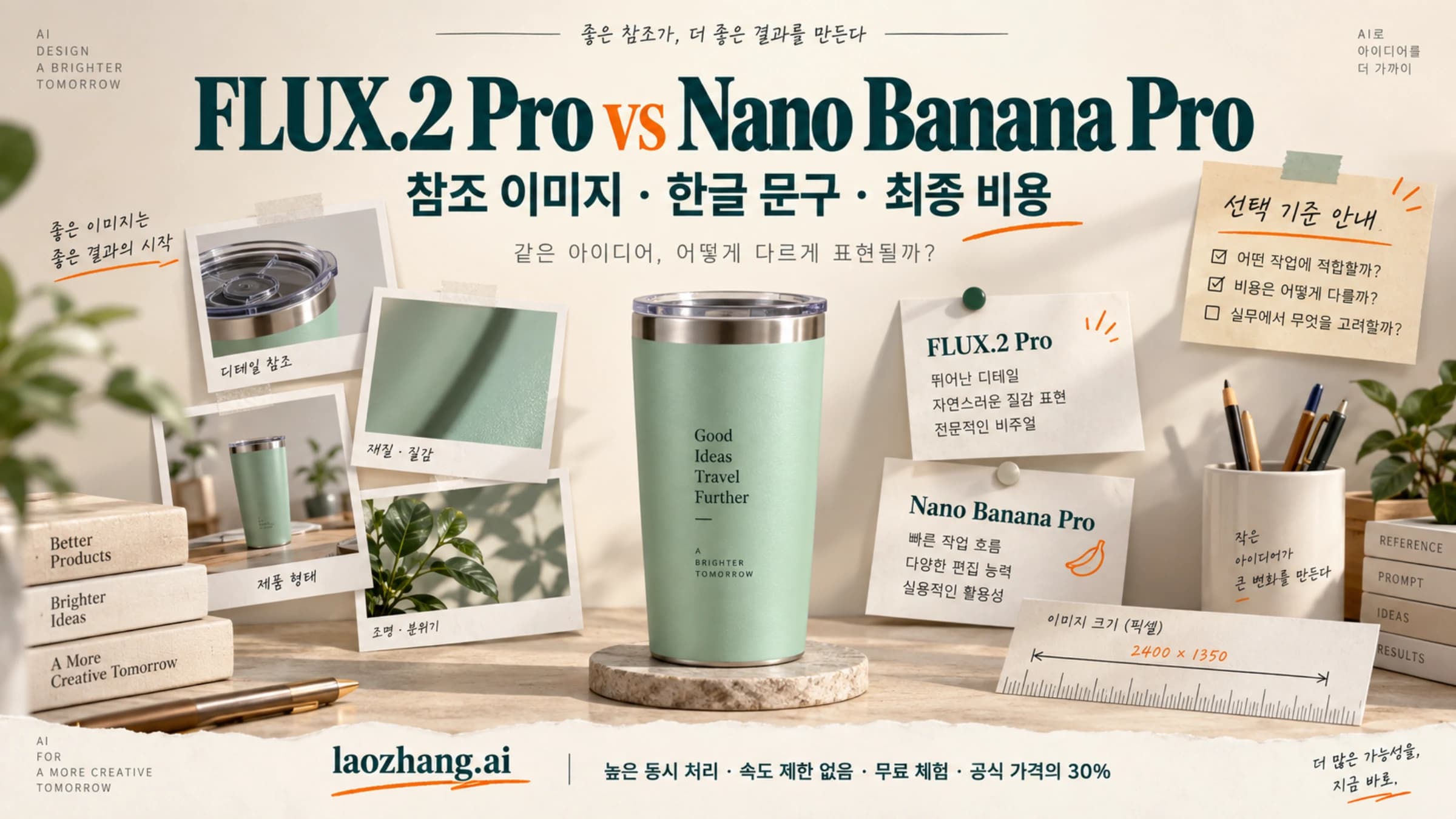 텀블러와 참조 사진을 중심으로 FLUX.2 Pro와 Nano Banana Pro의 선택 기준을 설명하는 표지