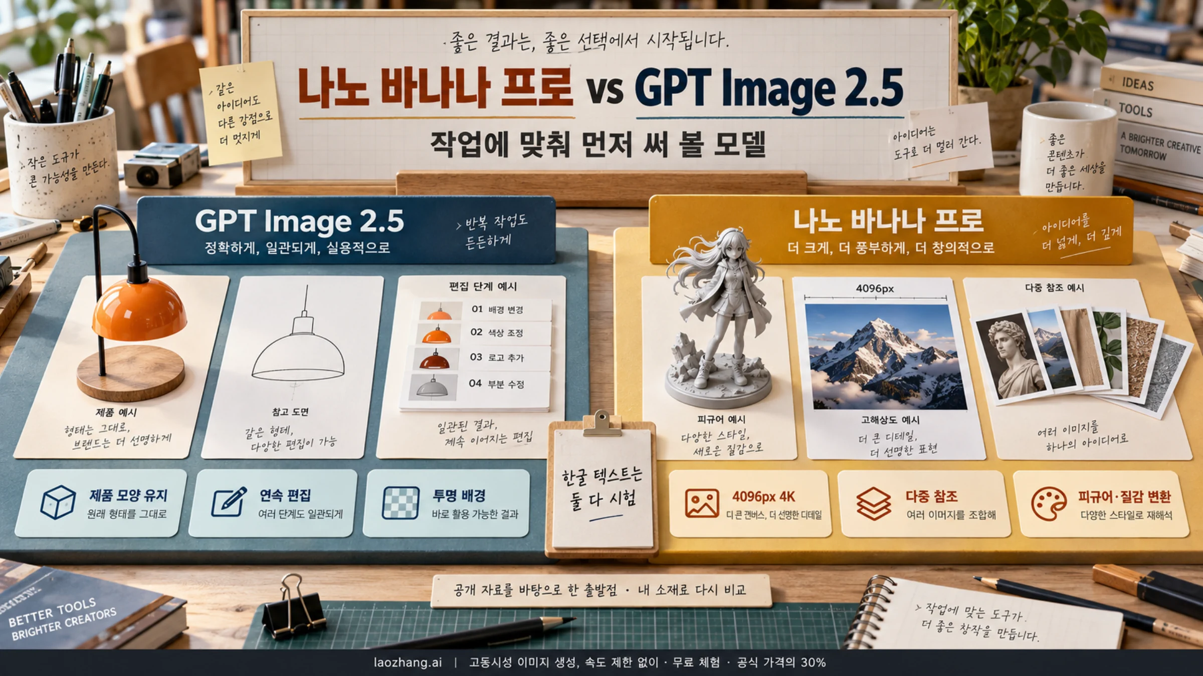 나노 바나나 프로와 GPT Image 2.5를 작업 유형별로 나눠 비교하는 작업대 장면