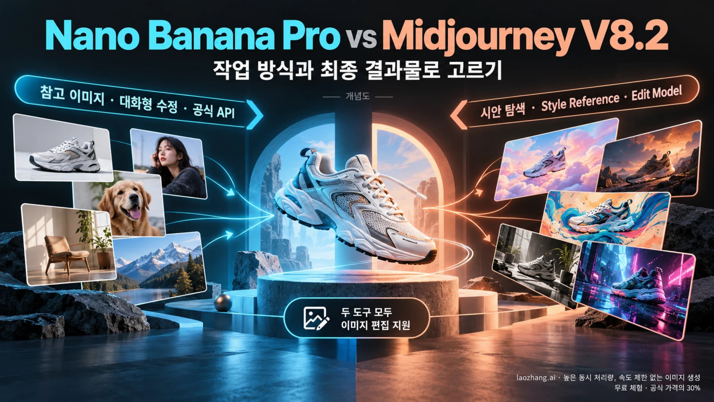 Nano Banana Pro와 Midjourney v8의 기능과 사용 목적을 비교하는 도해