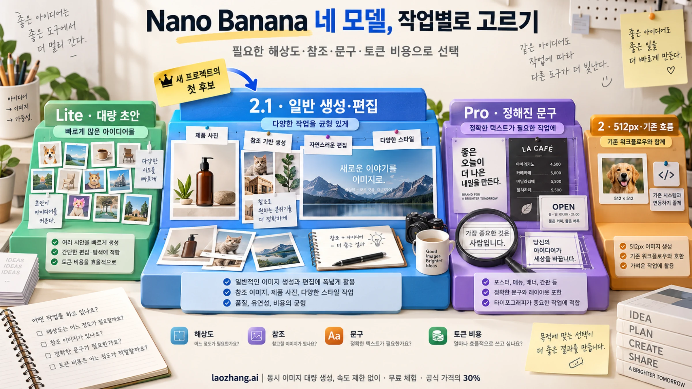 Nano Banana 2.1·Lite·Pro·2를 일반 편집, 대량 초안, 고정 문구와 512px 작업으로 나누는 선택