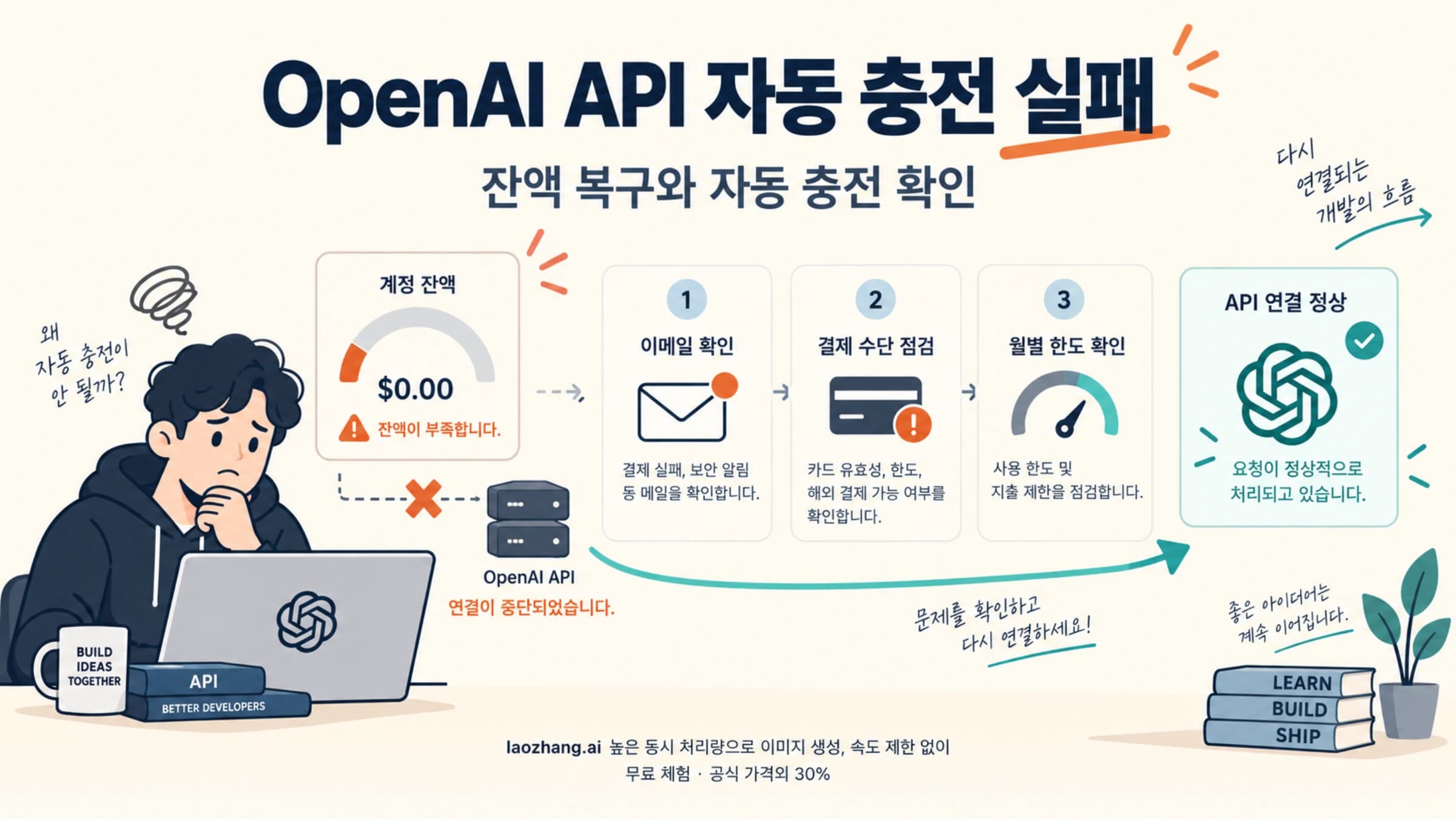 OpenAI API 자동 충전 실패 후 잔액과 결제 알림, 결제 수단, 월 한도를 확인하는 개념도