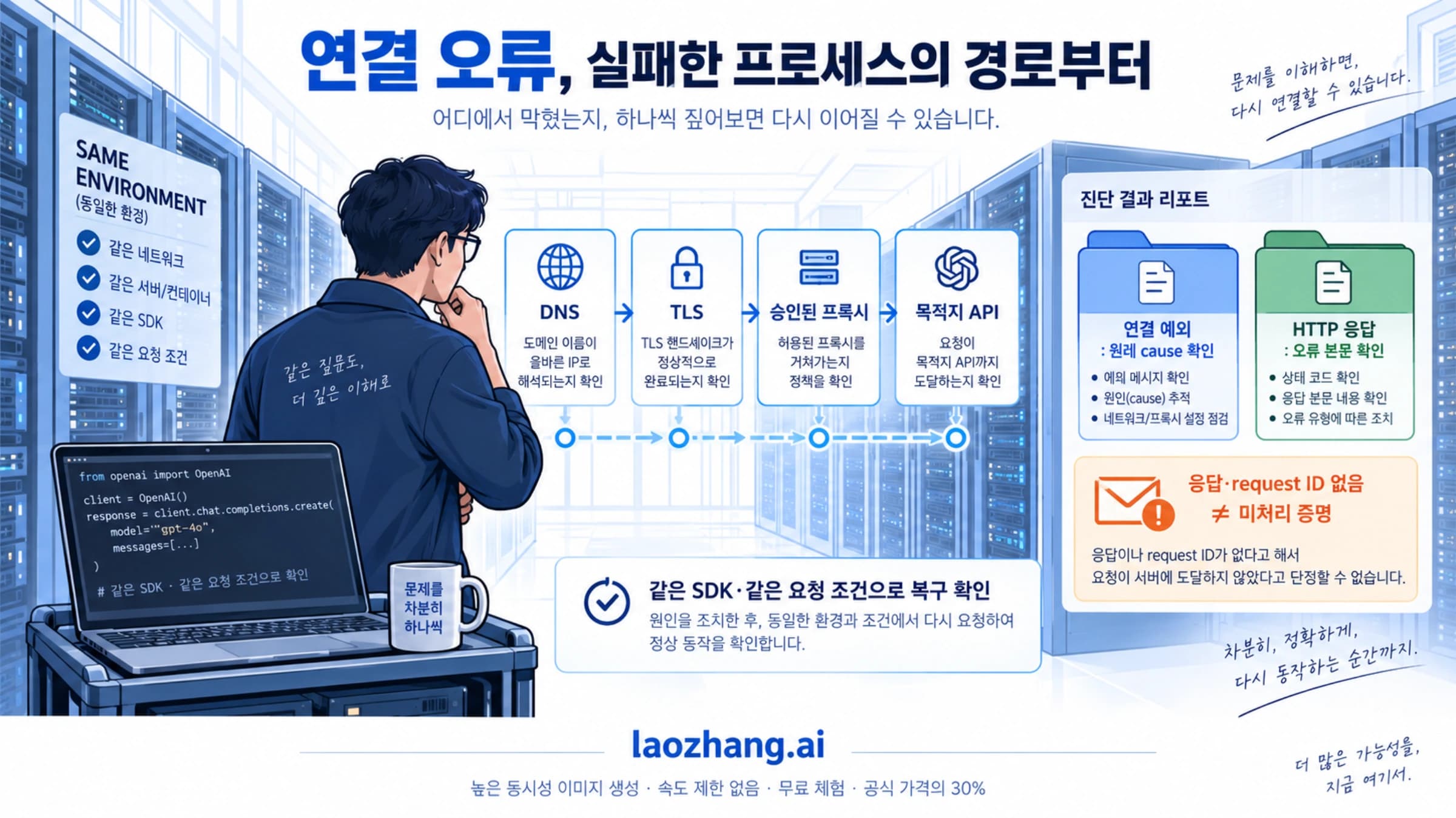 같은 서버 프로세스에서 DNS·TLS·프록시와 HTTP 응답을 나누어 연결 오류를 확인하는 안내