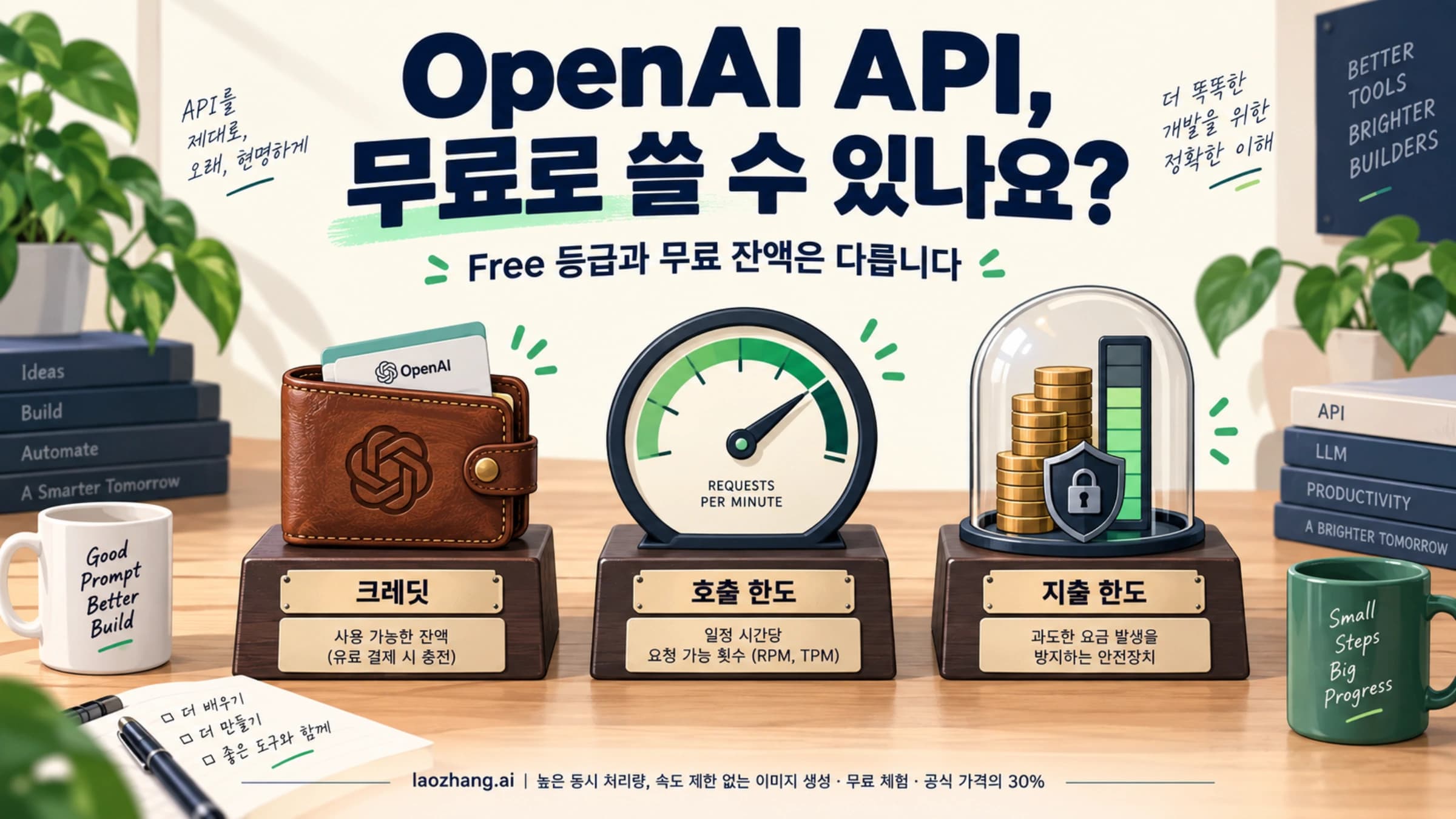 OpenAI API의 크레딧, 호출 한도, 지출 한도를 나누어 보여 주는 그림